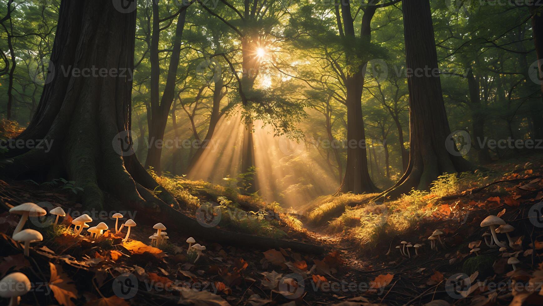 Sun Rays Through Forest Trees with Mushrooms and Fallen Leaves photo