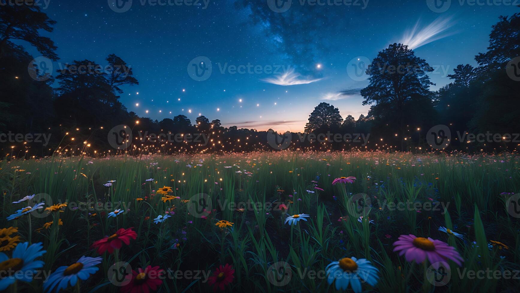 Colorful Wildflower Meadow at Dusk with Starry Sky Above photo