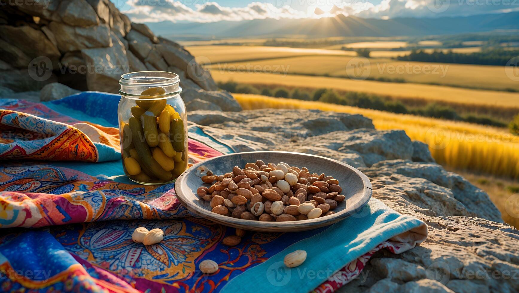 Picnic with Jar Pickles and Plate of Nuts on Rocky Outcrop photo