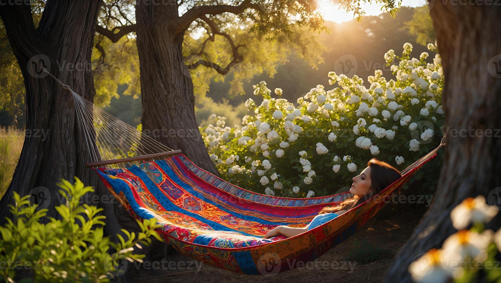 Woman Relaxing in Colorful Hammock Among Trees and White Flowers photo