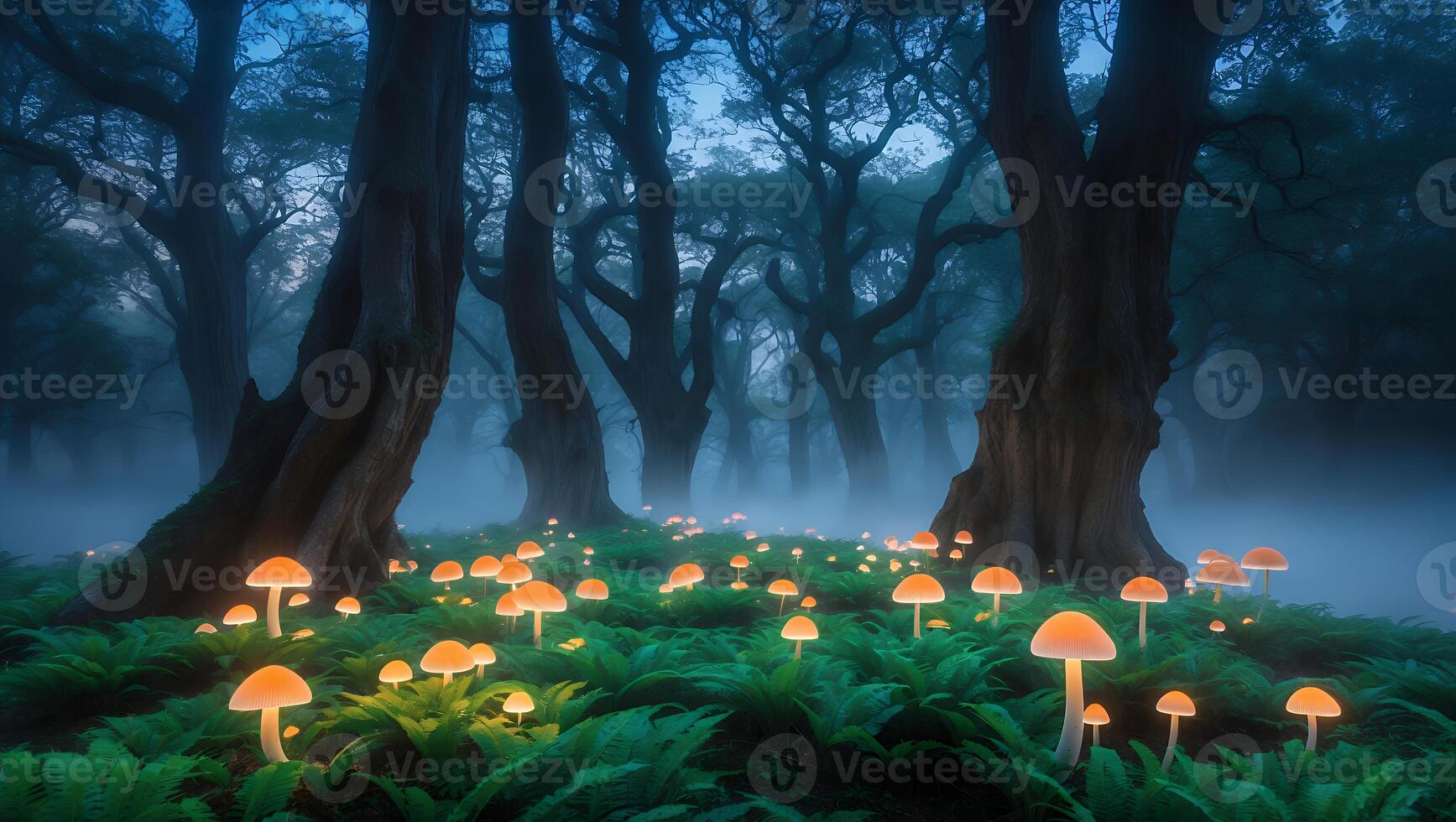 Glowing Mushroom Forest at Dusk with Ferns and Mist photo