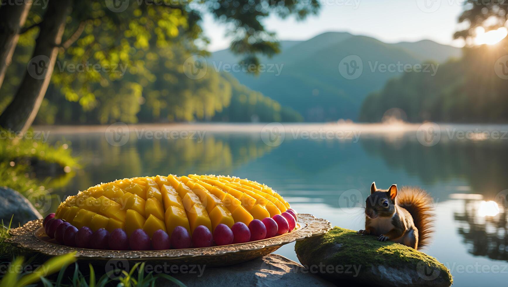 Serving Mango Grape Dessert by Calm Lake with Squirrel Friend photo