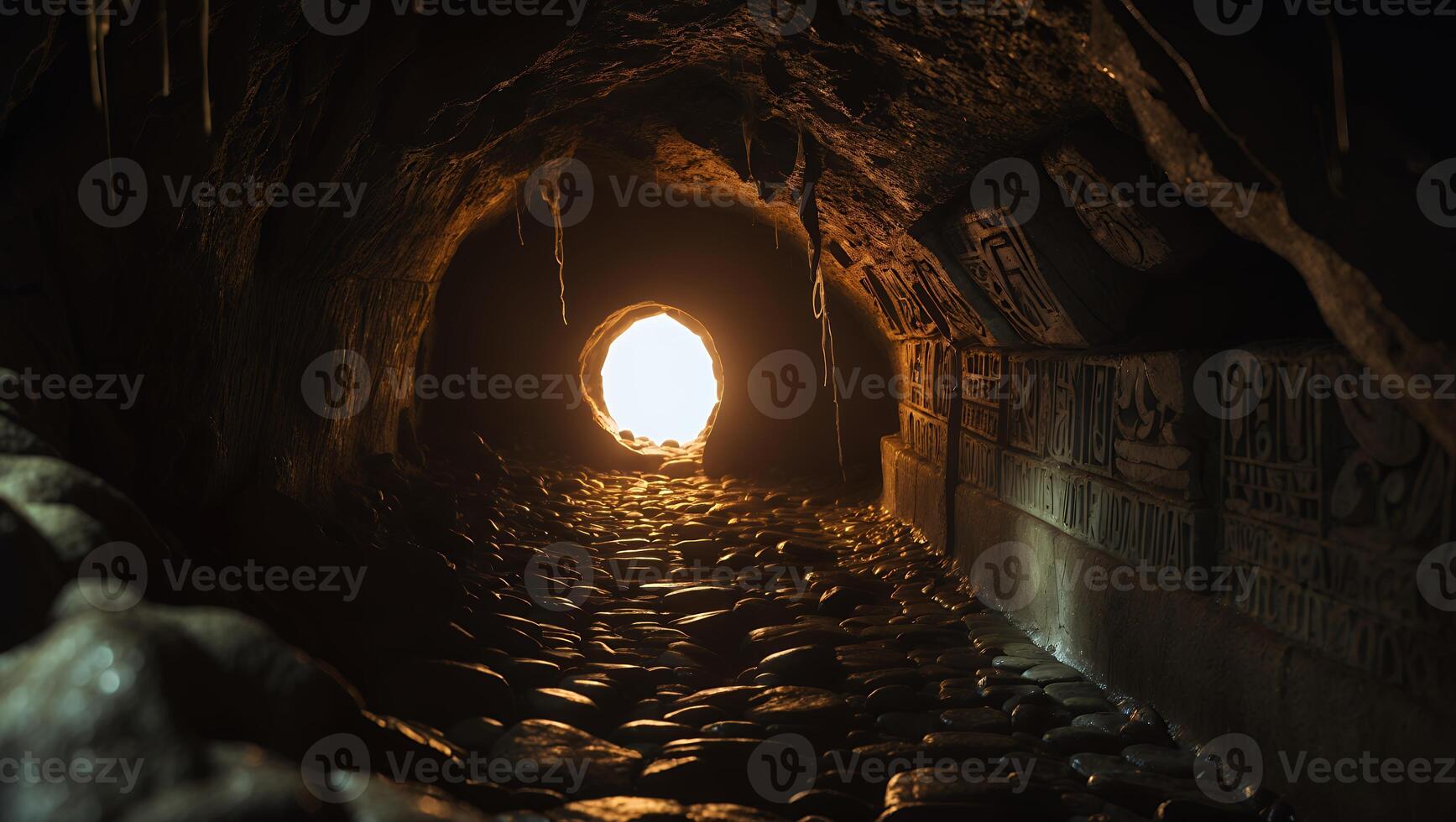 Exploring Dark Tunnel with Stone Path Leading to Bright Opening photo