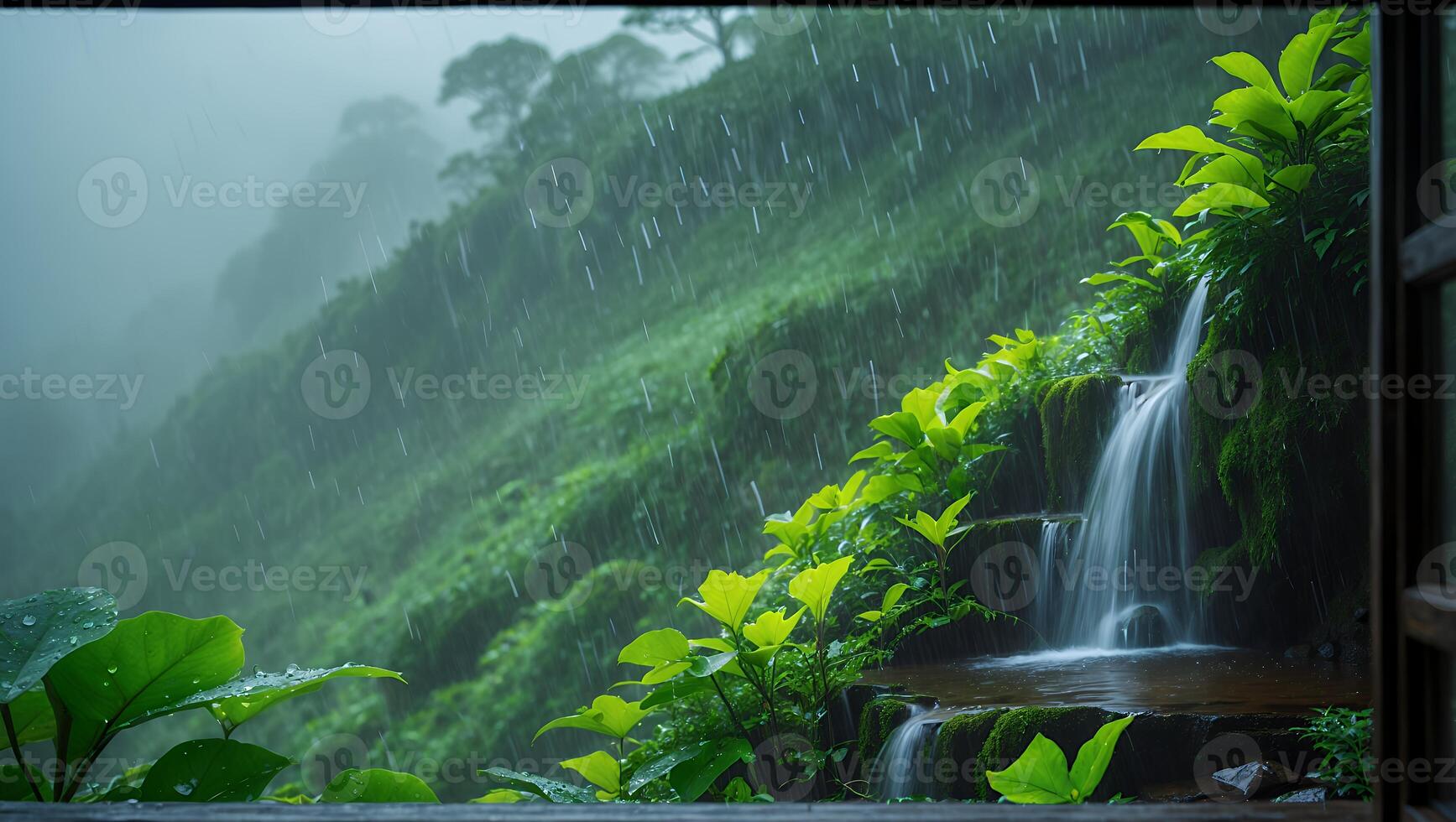 Waterfall Flowing on Lush Hillside During Rainfall From Window View photo