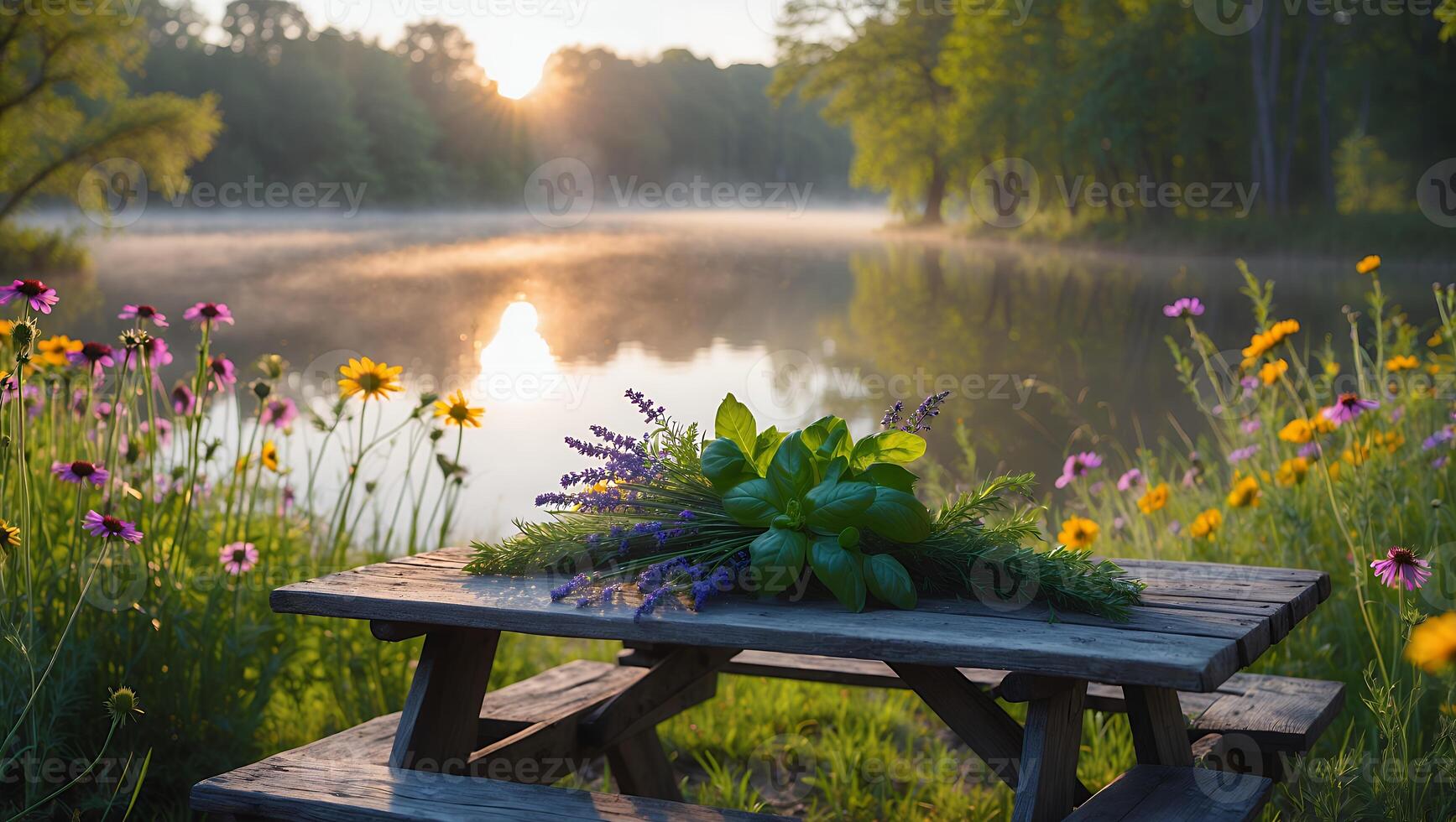 Flowers and Herbs on Picnic Table Overlooking Misty Lake at Sunrise photo