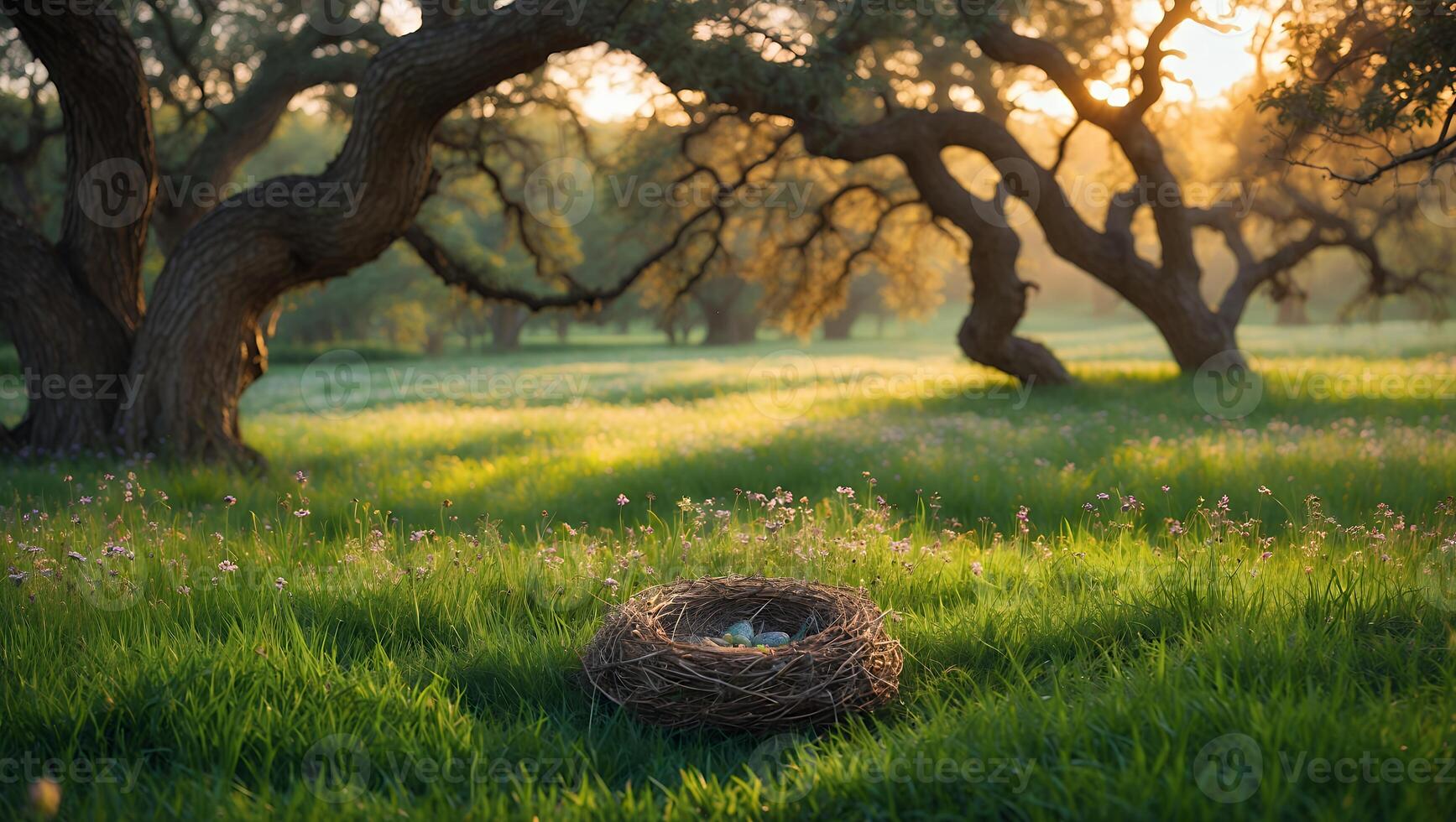 Bird's Nest with Eggs in Grassy Meadow Under Trees at Sunset photo