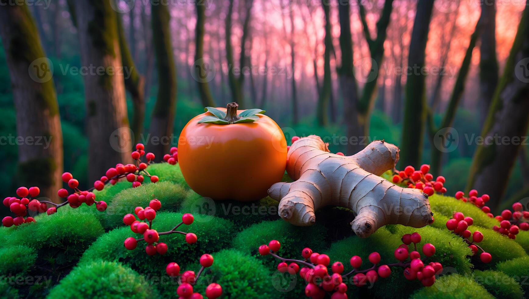 Persimmon and Ginger Root on Moss with Forest Background Scene photo