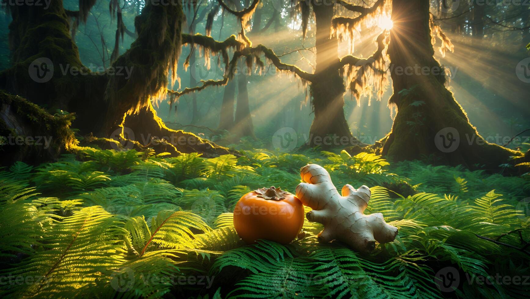 Ginger and Persimmon on Ferns in Forest with Sun Rays photo