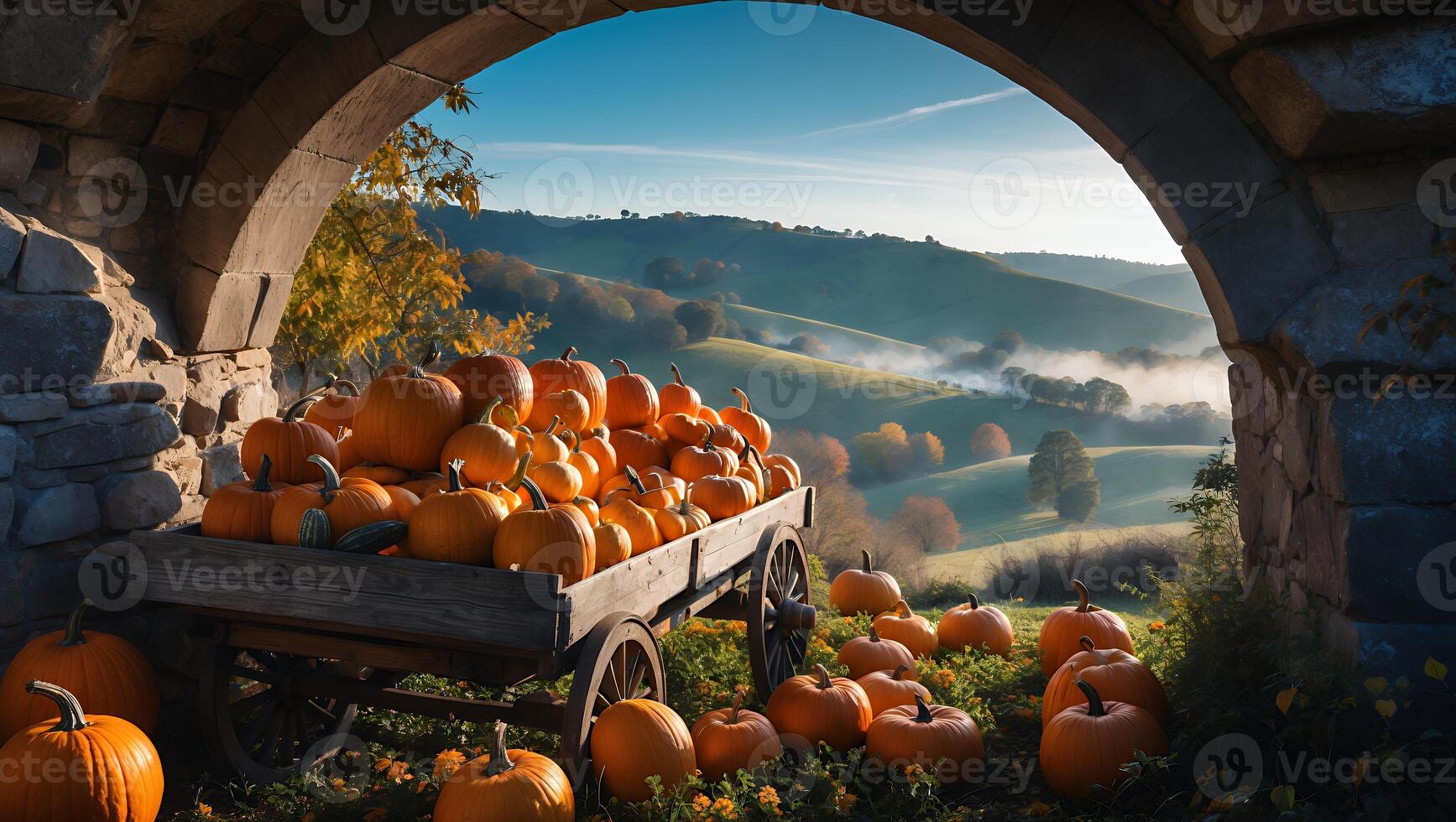 Pumpkins on Cart with Rolling Hills and Foggy Landscape View photo