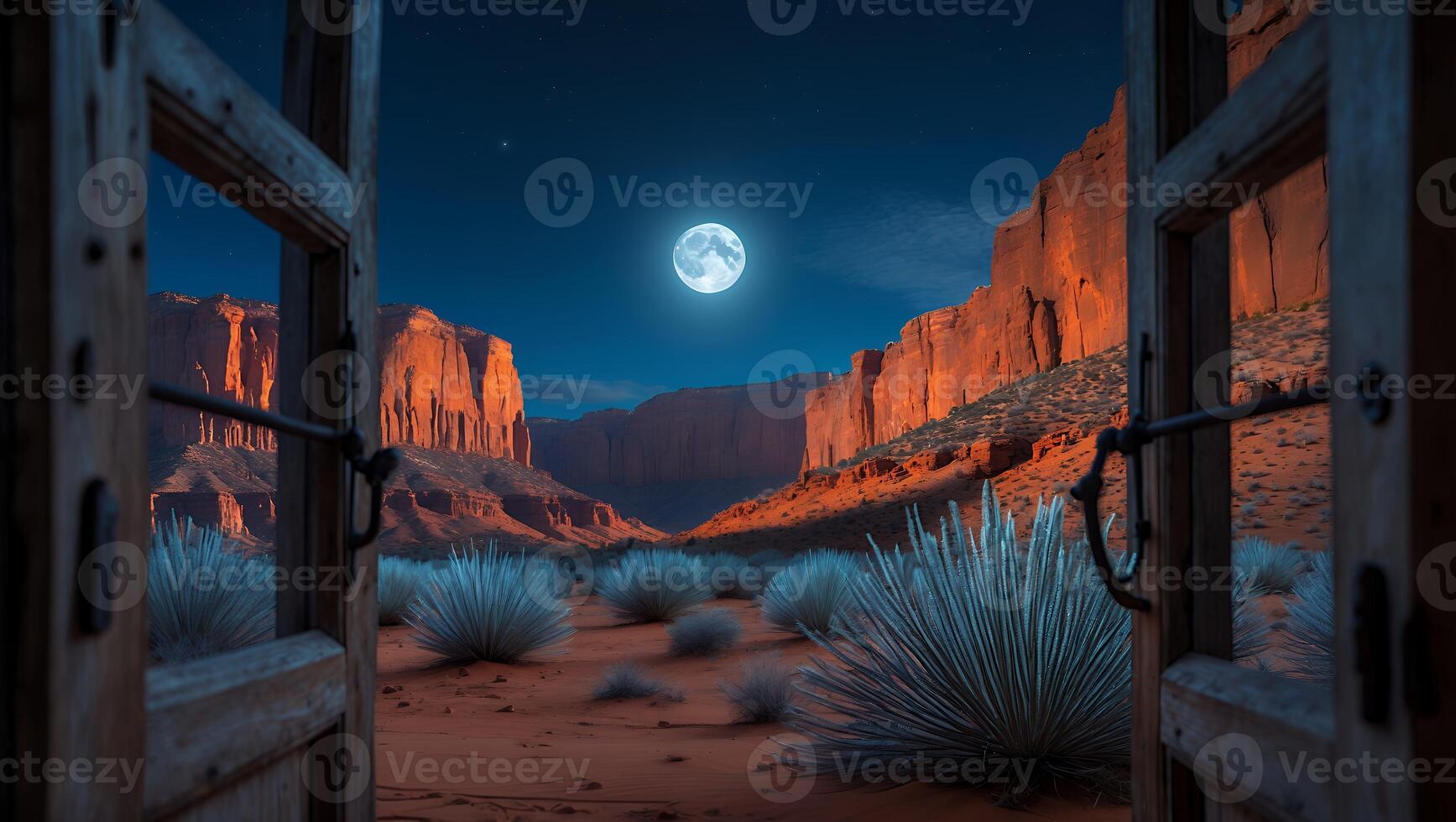 Viewing Desert Landscape with Full Moon Through Open Window at Night photo