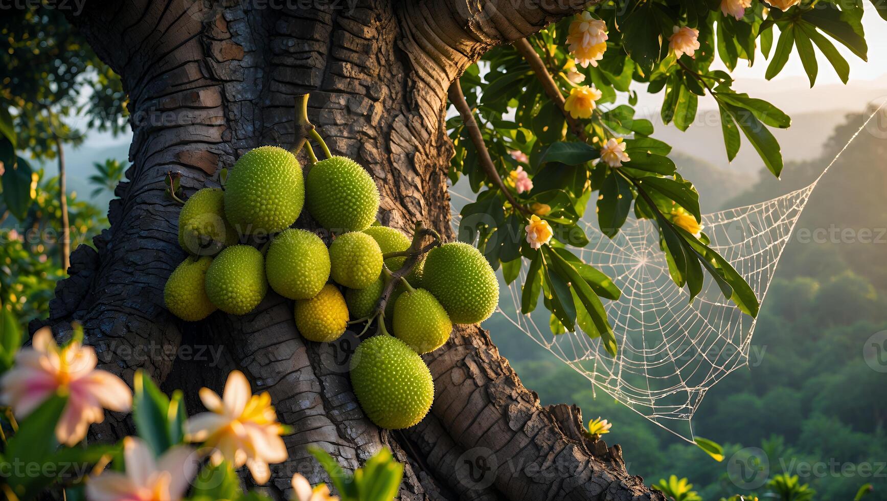 Hanging Fruits on Tree Trunk with Spiderweb in Natural Setting photo