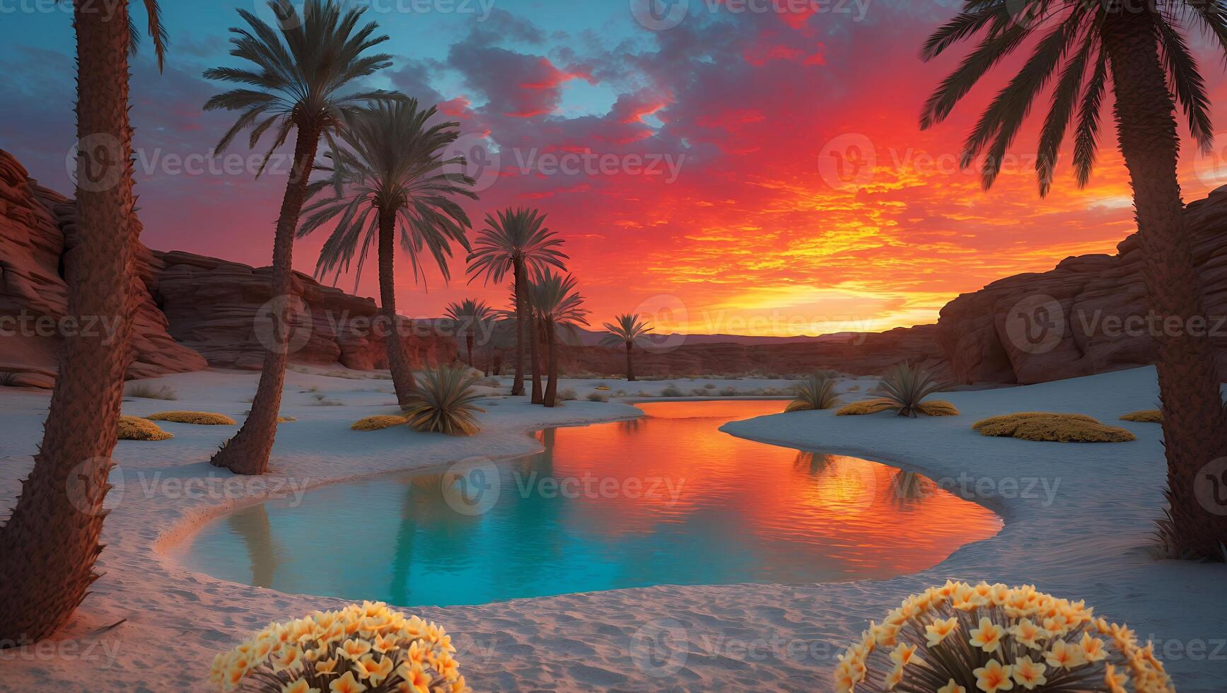 Desert Oasis with Palm Trees Reflecting Dramatic Sunset in Tranquil Water photo