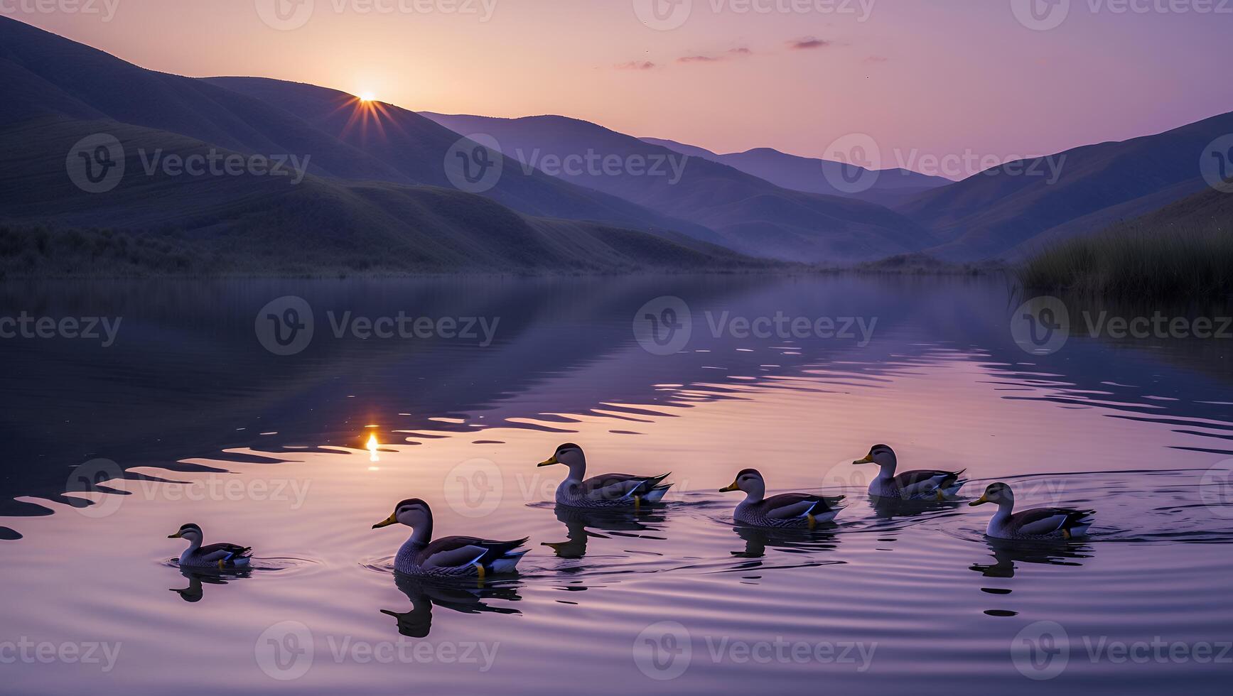 Ducks Swimming in a Calm Lake at Sunrise with Mountain Backdrop photo