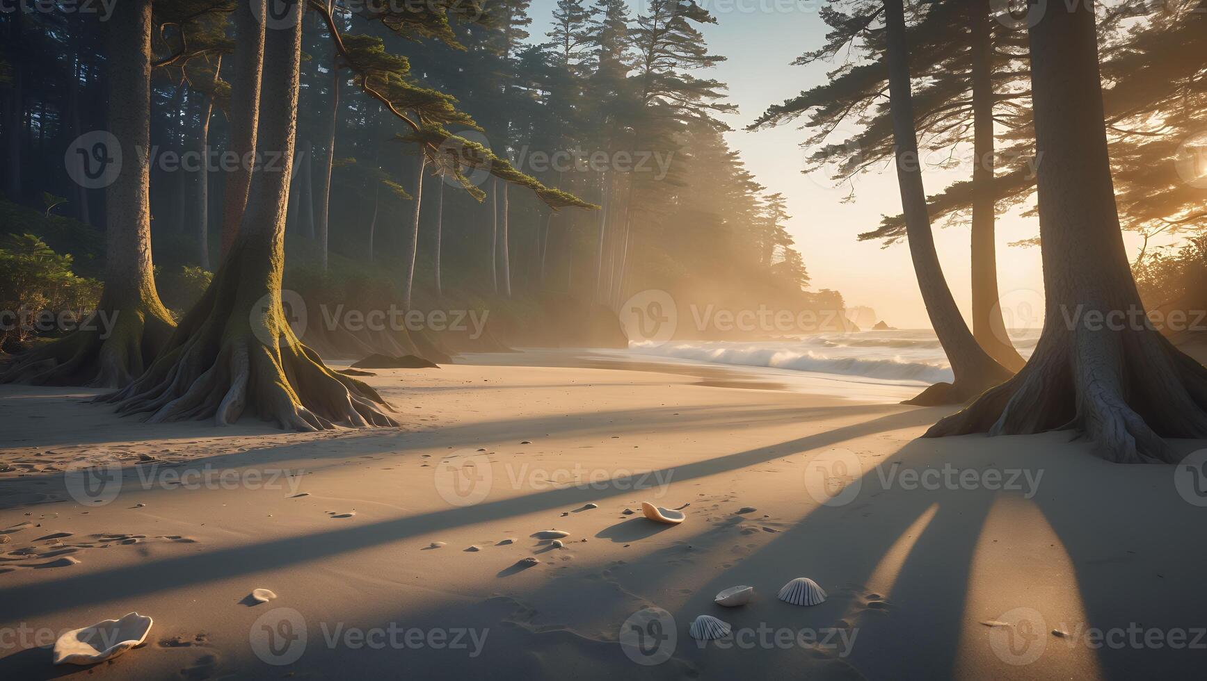 Coastal Forest Beach at Sunset with Seashells and Gentle Waves photo