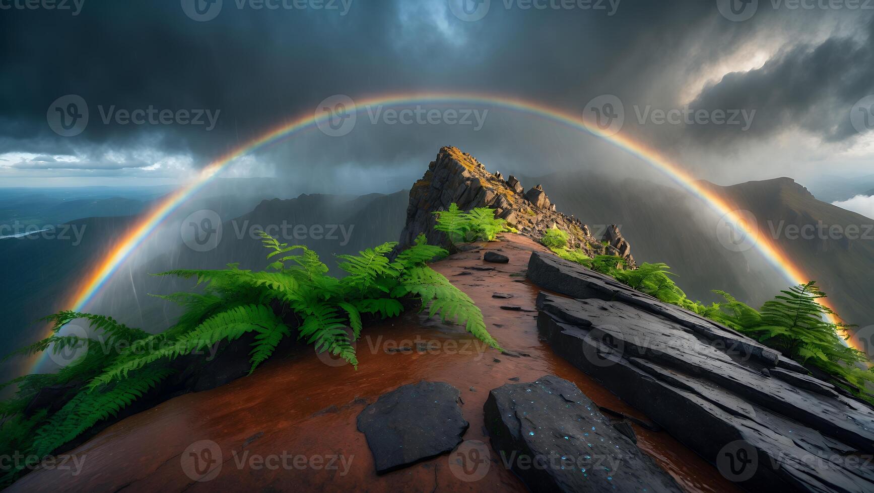Rainbow Arcing Over Mountain Peak with Lush Green Ferns Scenery photo