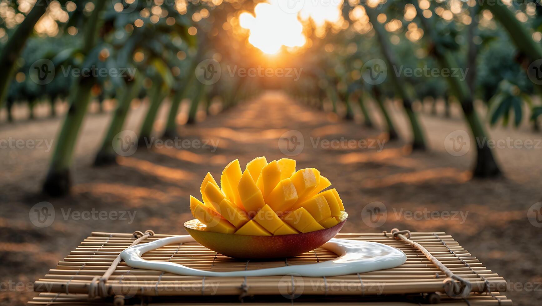 Sliced Mango Served Outdoors with Sunrise Glow and Natural Setting photo