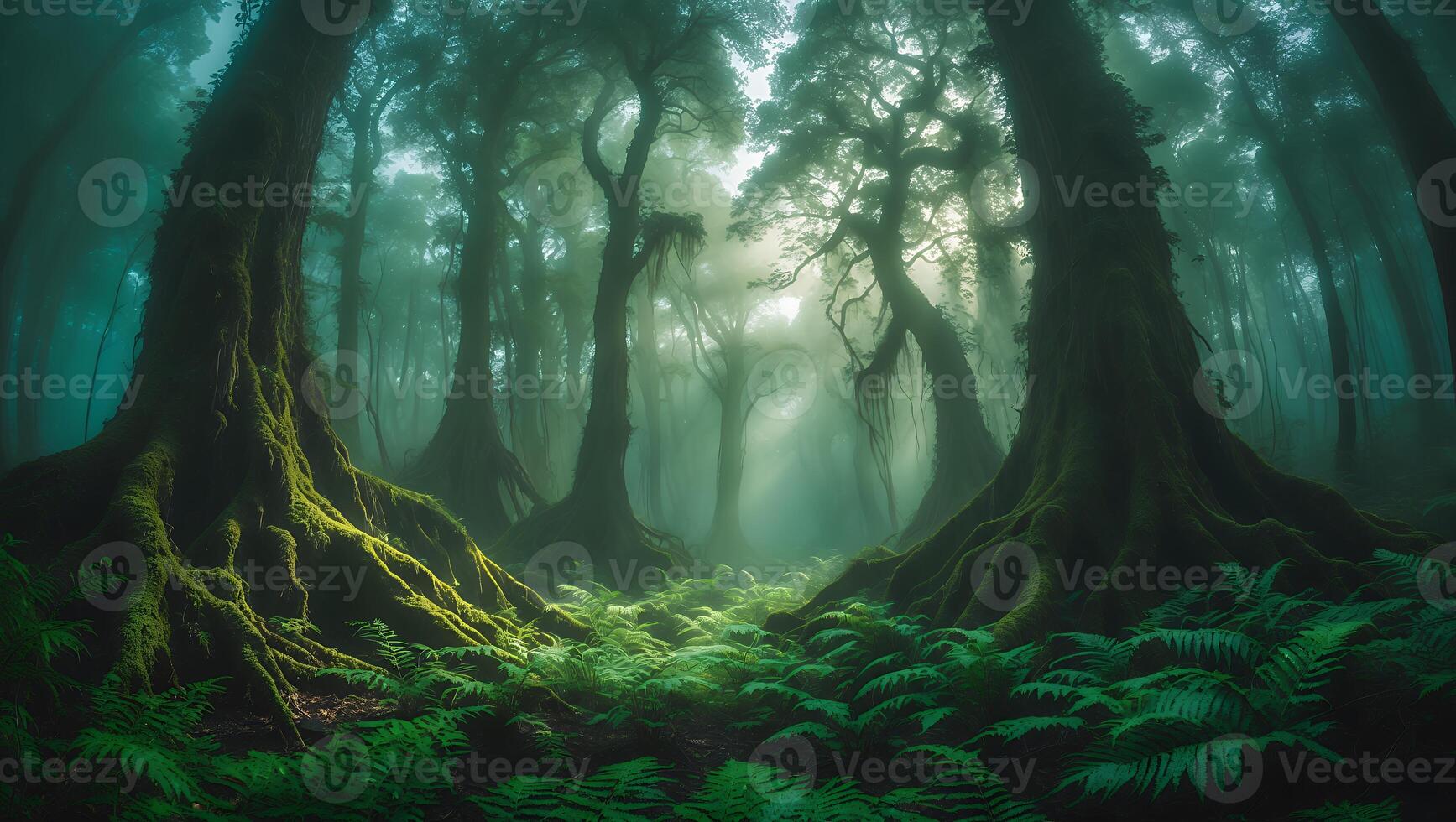 Walking Through Forest Path with Ferns and Moss Covered Trees photo