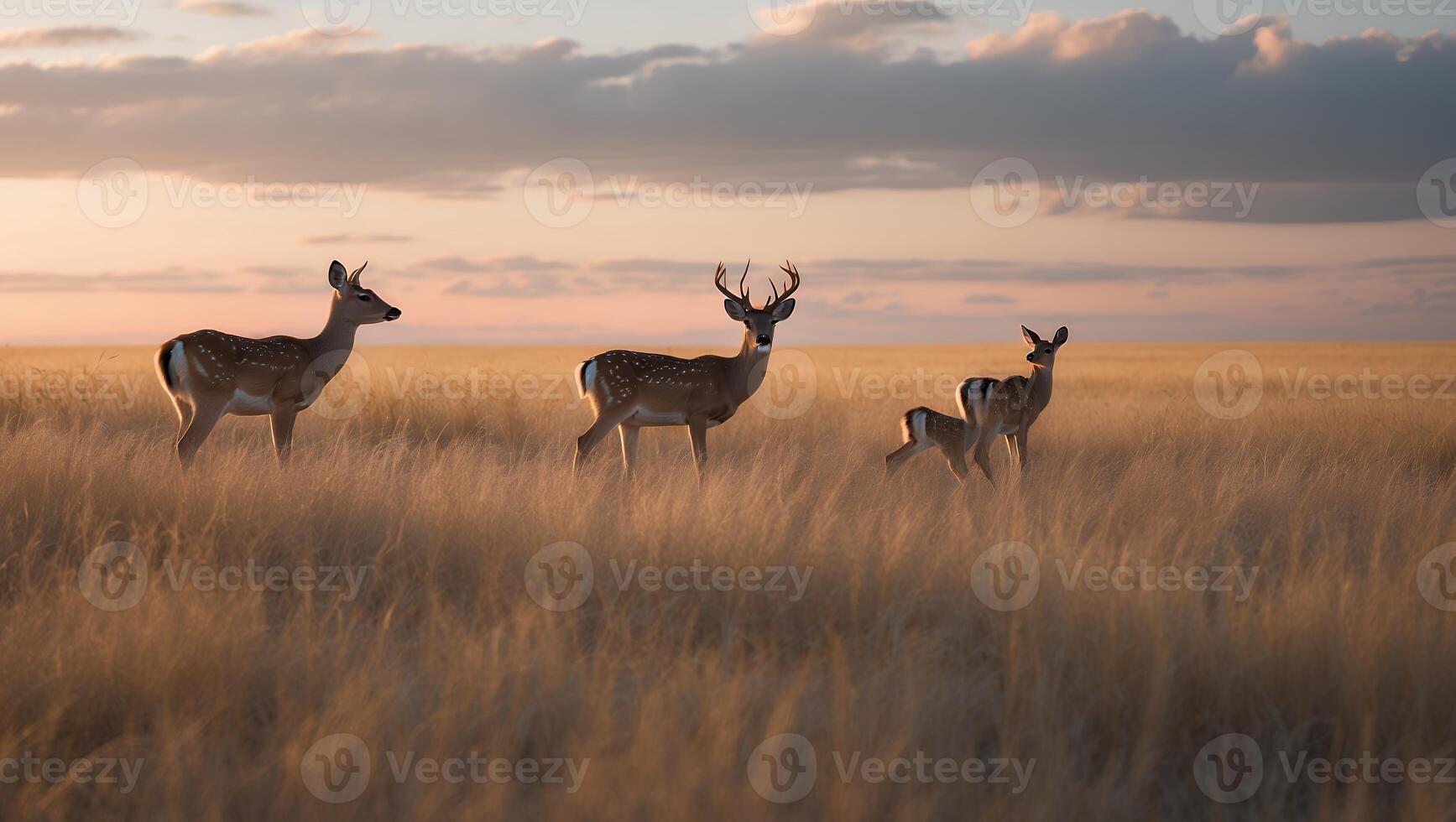 Deer Family Grazing in Golden Field at Dusk with Peaceful Sky photo