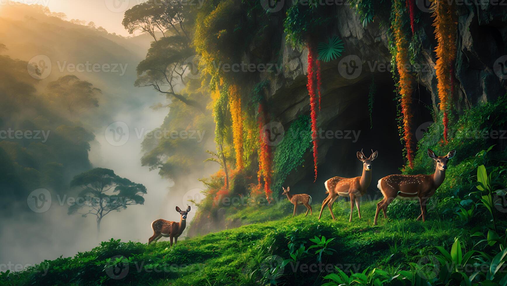 Deer Herd Standing on Grassy Hillside in Misty Natural Landscape photo