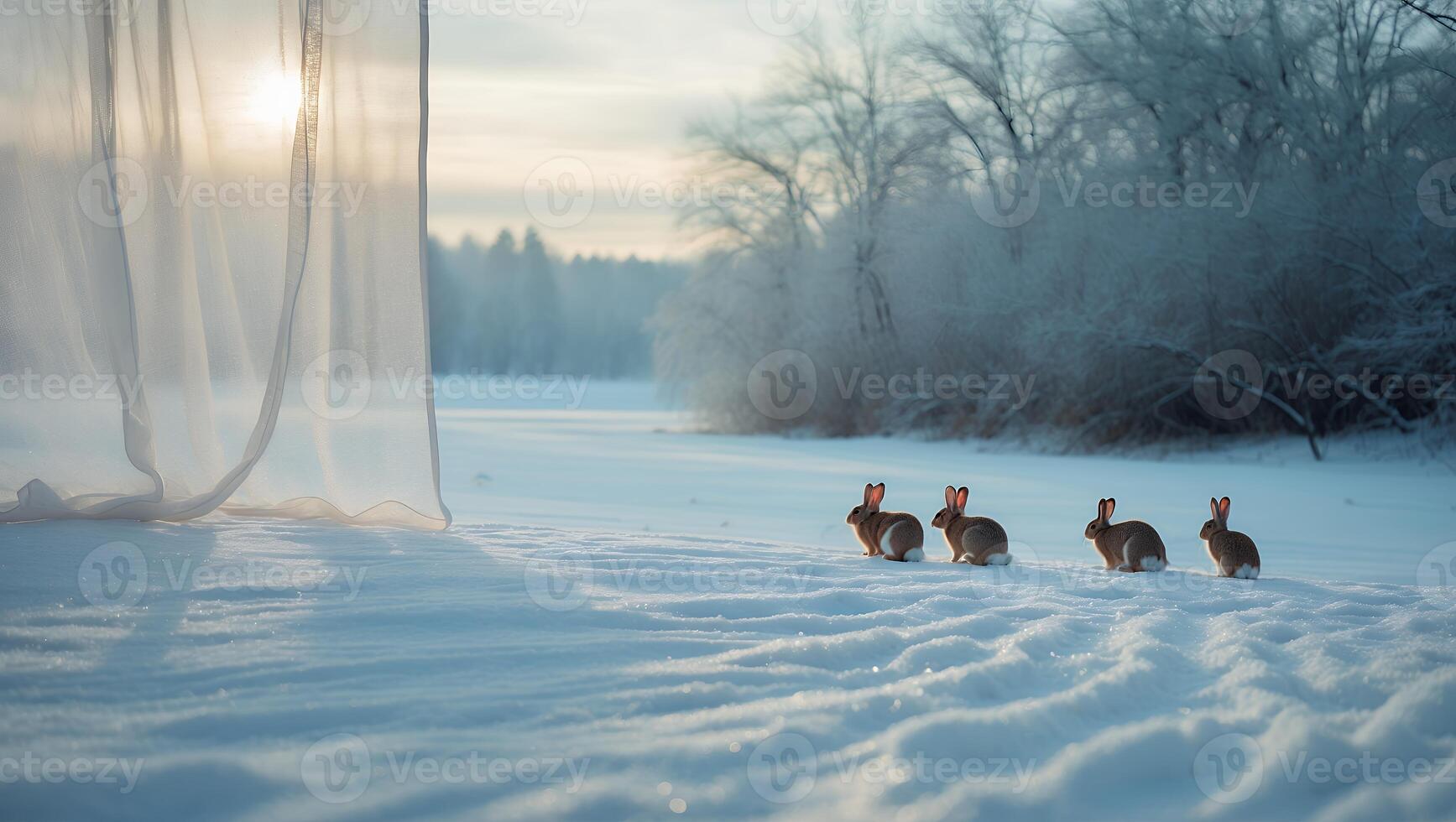 Rabbits in Winter Snowscape with Frosty Trees and Sunlight photo