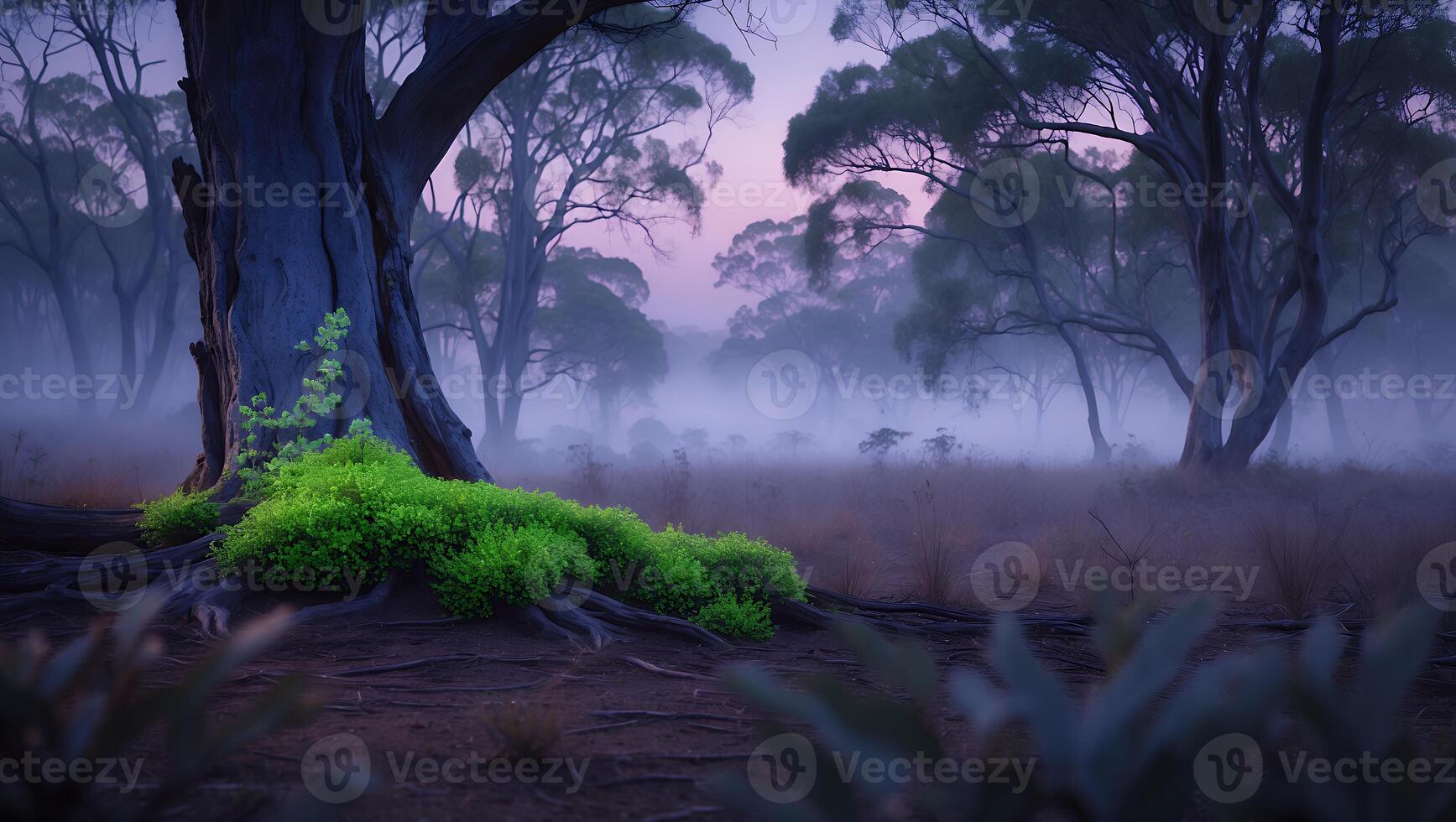 Exploring Foggy Forest at Dusk with Vibrant Greenery and Tall Trees photo