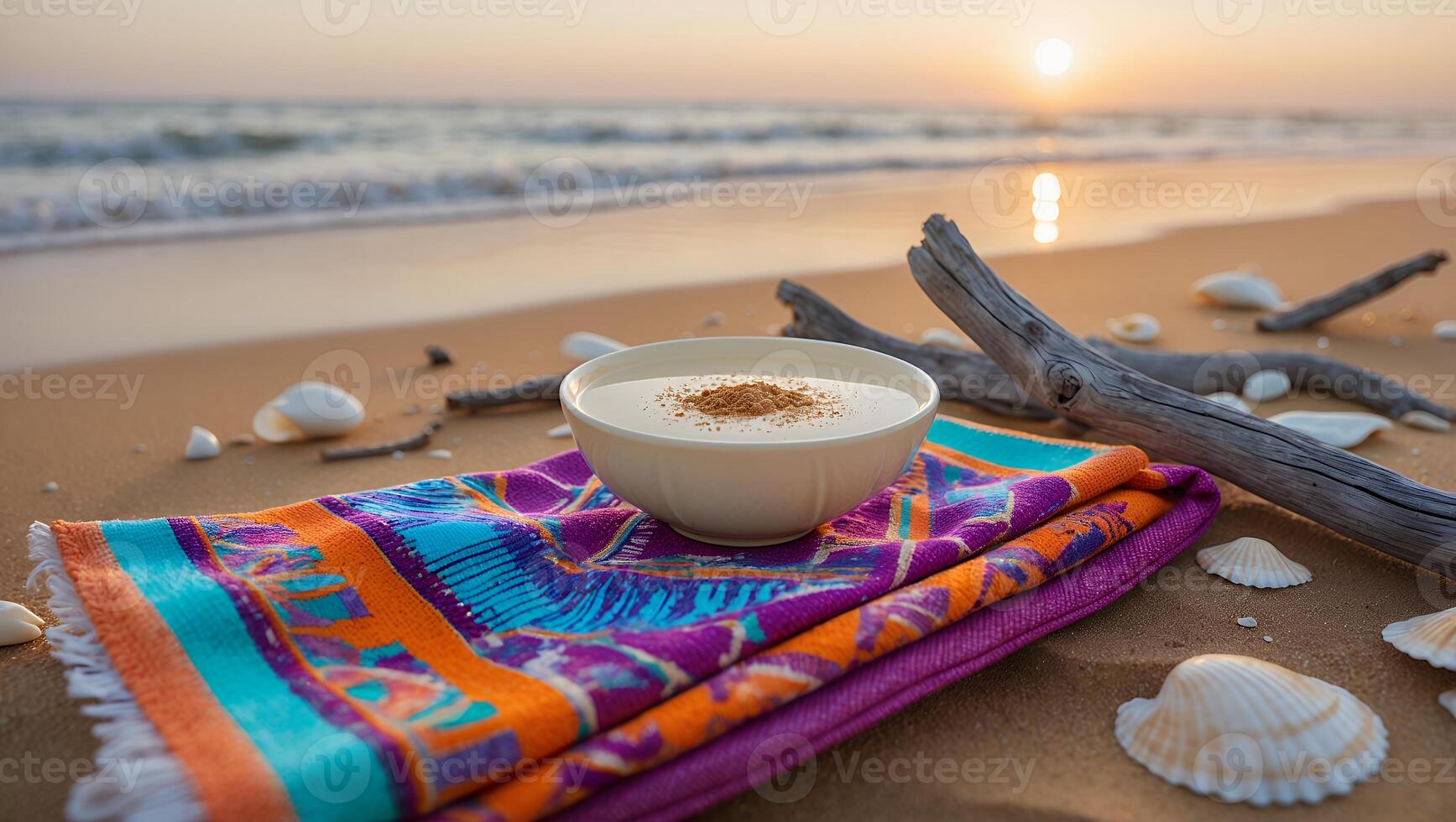 Serving Creamy Porridge on Beach at Sunrise with Colorful Towel photo