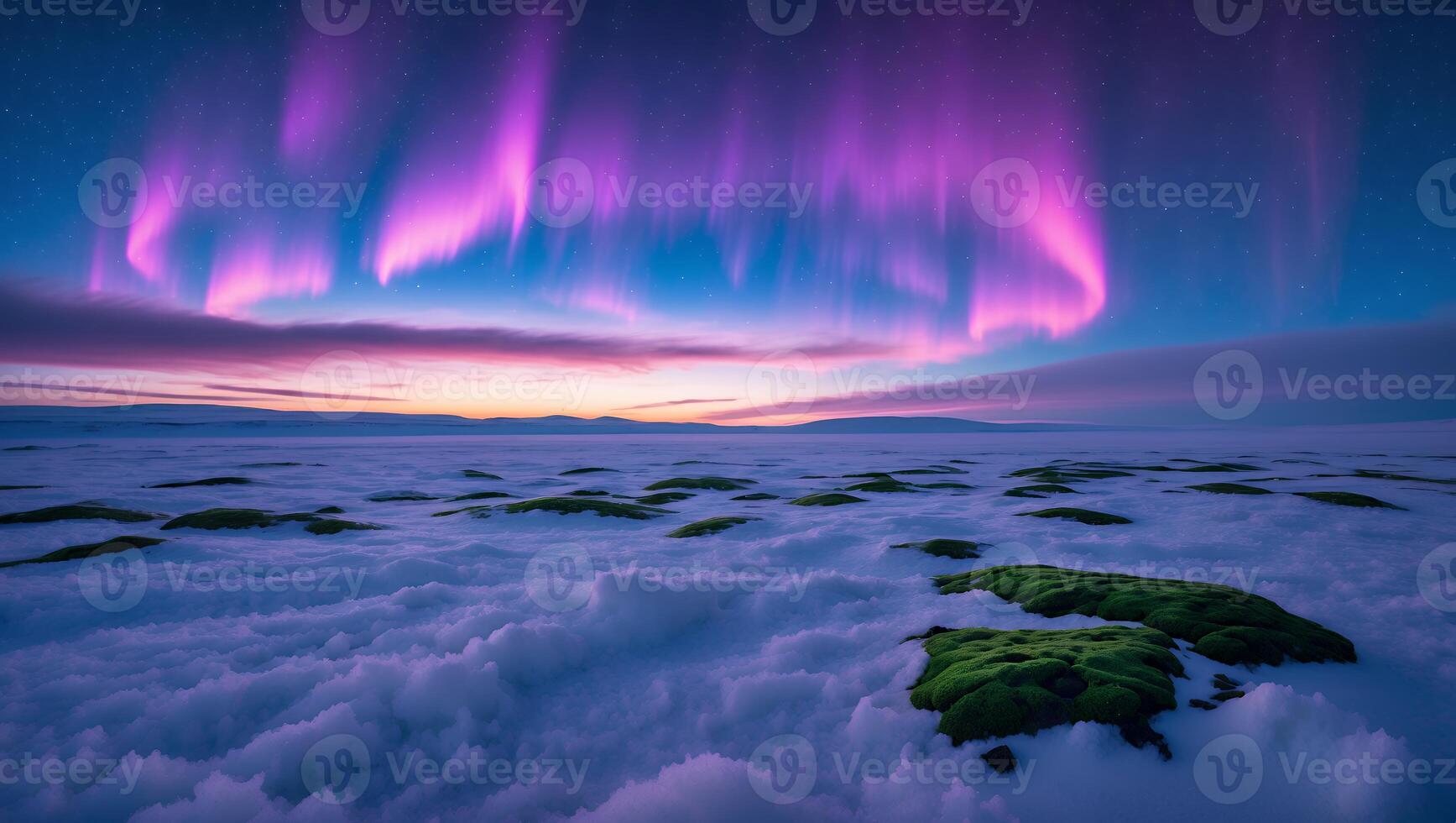 Aurora Borealis Lights Above Misty Landscape with Green Patches Scenery photo