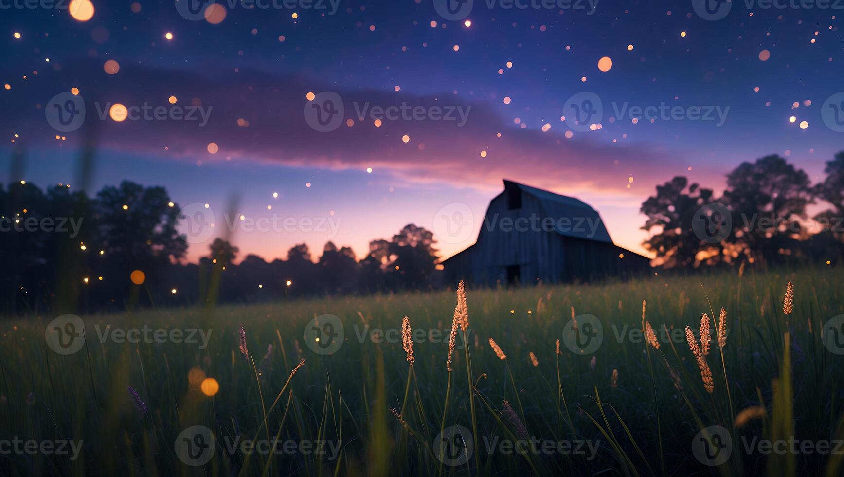 Barn in Meadow at Dusk with Fireflies and Colorful Sky photo