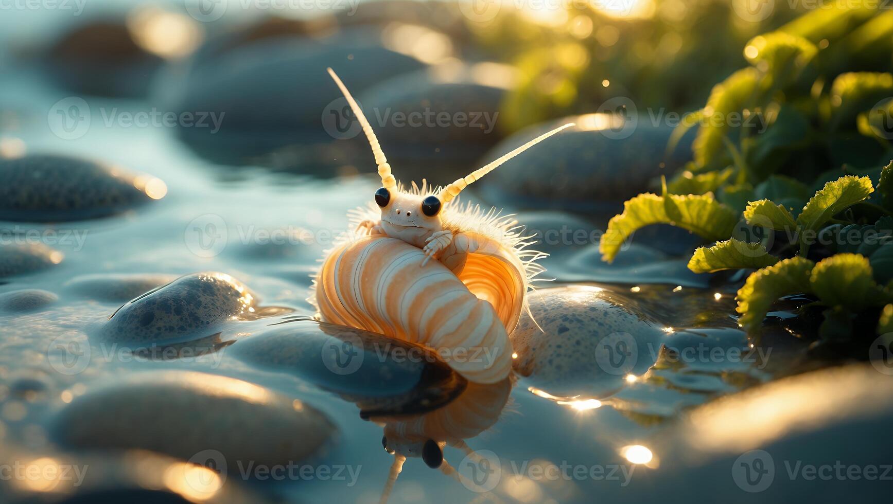 Creature Resting on Shell Surrounded by Water and Rocks with Foliage photo