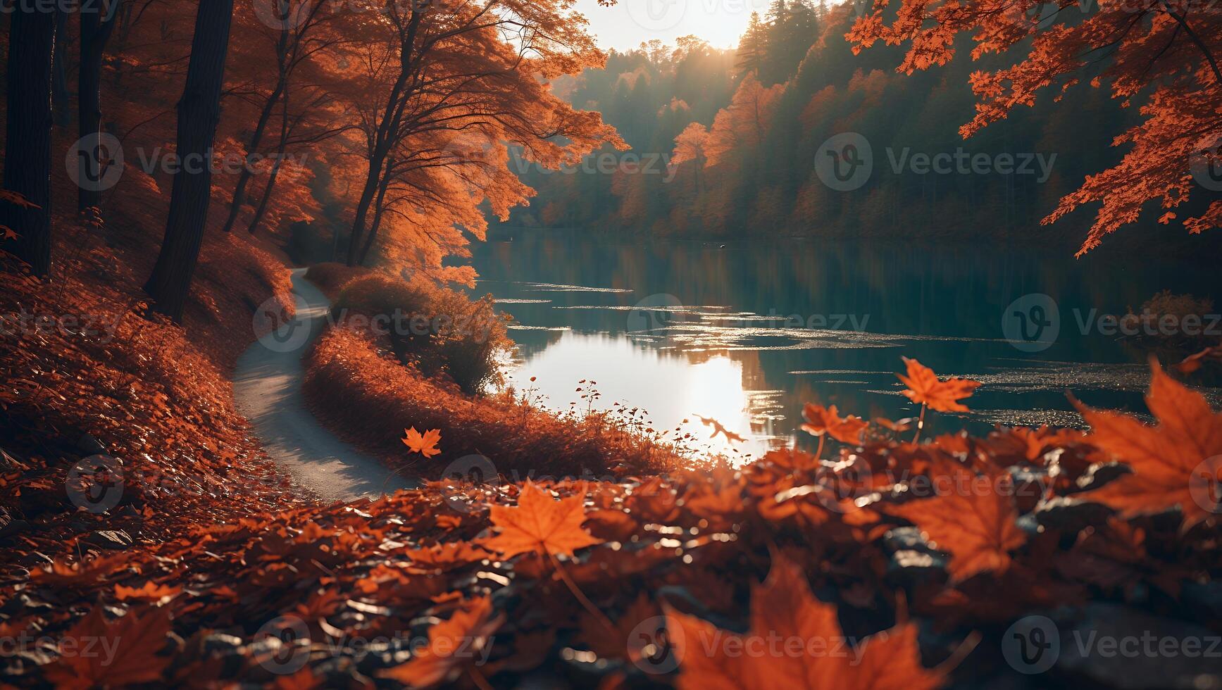 Autumn Landscape with Winding Path and Calm Lake Reflection photo