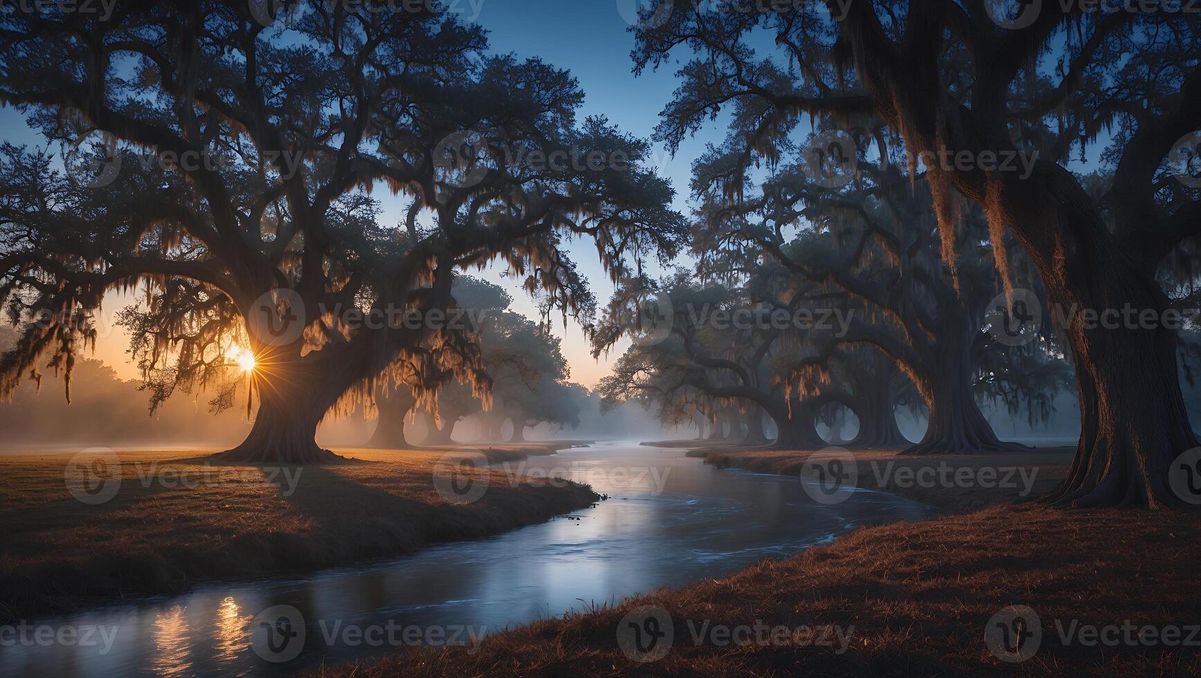 River Flowing Underneath Oak Trees with Spanish Moss at Sunrise photo