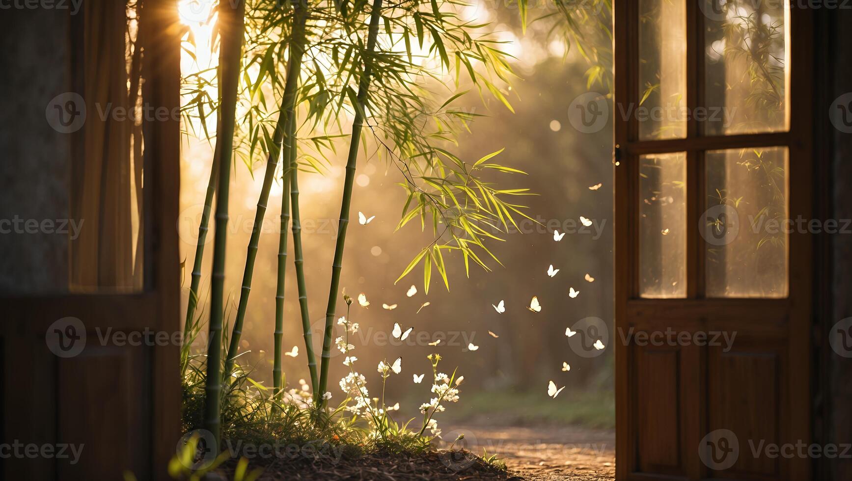 Open Door Revealing Bamboo and Butterflies in Golden Hour Light photo