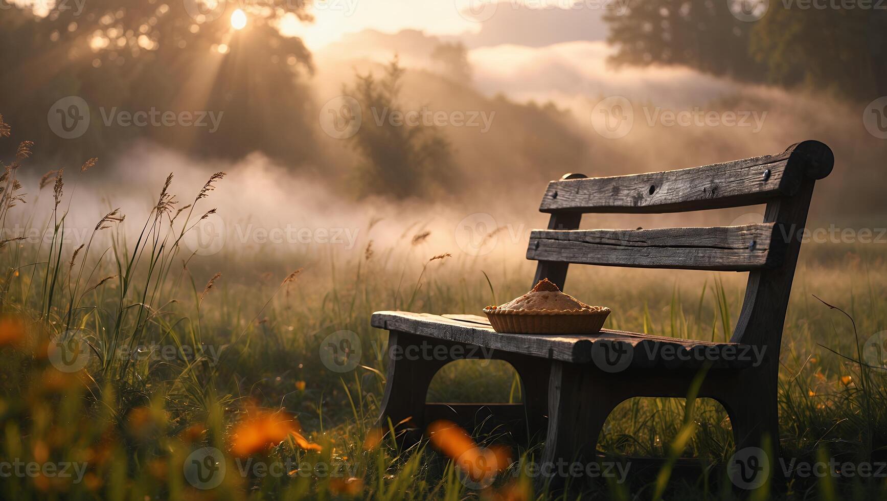 Pie on Bench in Foggy Field with Sunrise Light photo