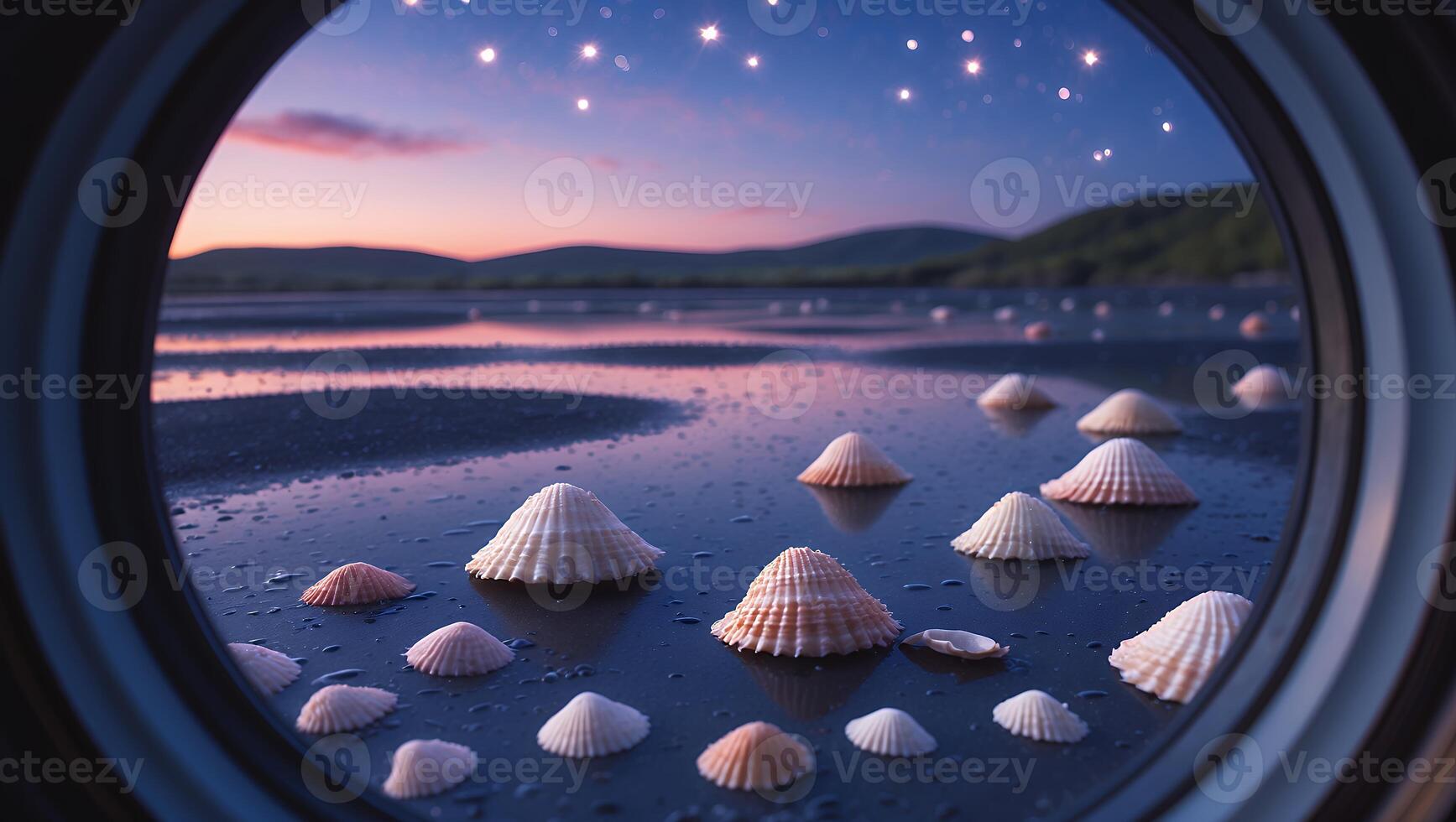 Seashells on Wet Surface Reflecting Dusk Sky Through Circular Window photo