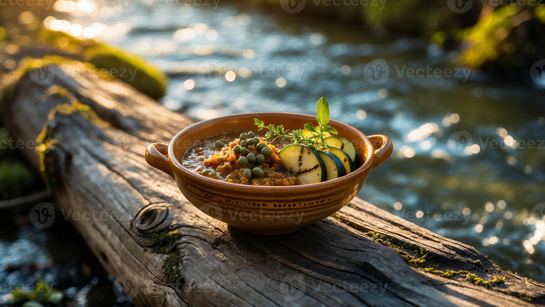 Rustic Bowl of Stew with Zucchini by River Log Nature Setting photo