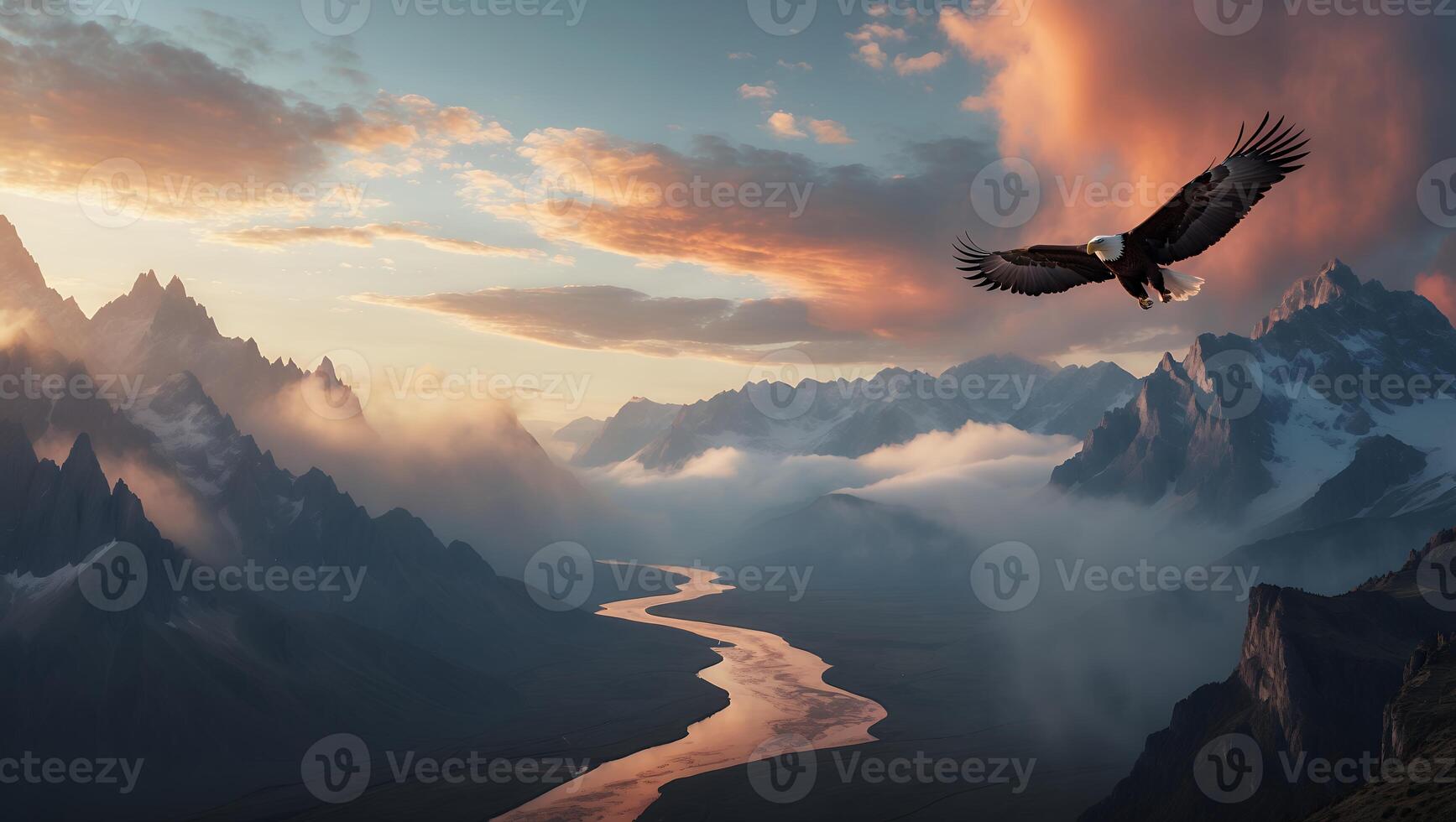 Eagle Soaring Over Mountain River Valley at Sunset with Cloudscape photo