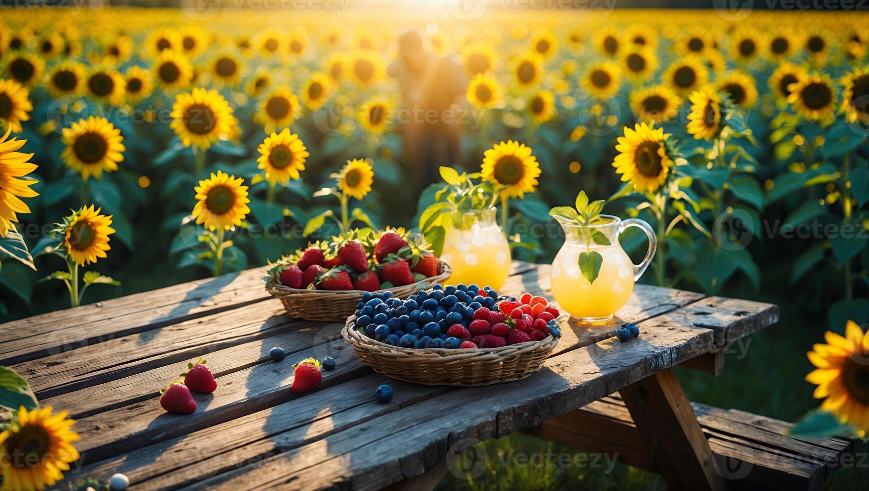 Picnic Table with Berries and Lemonade in a Sunflower Field photo
