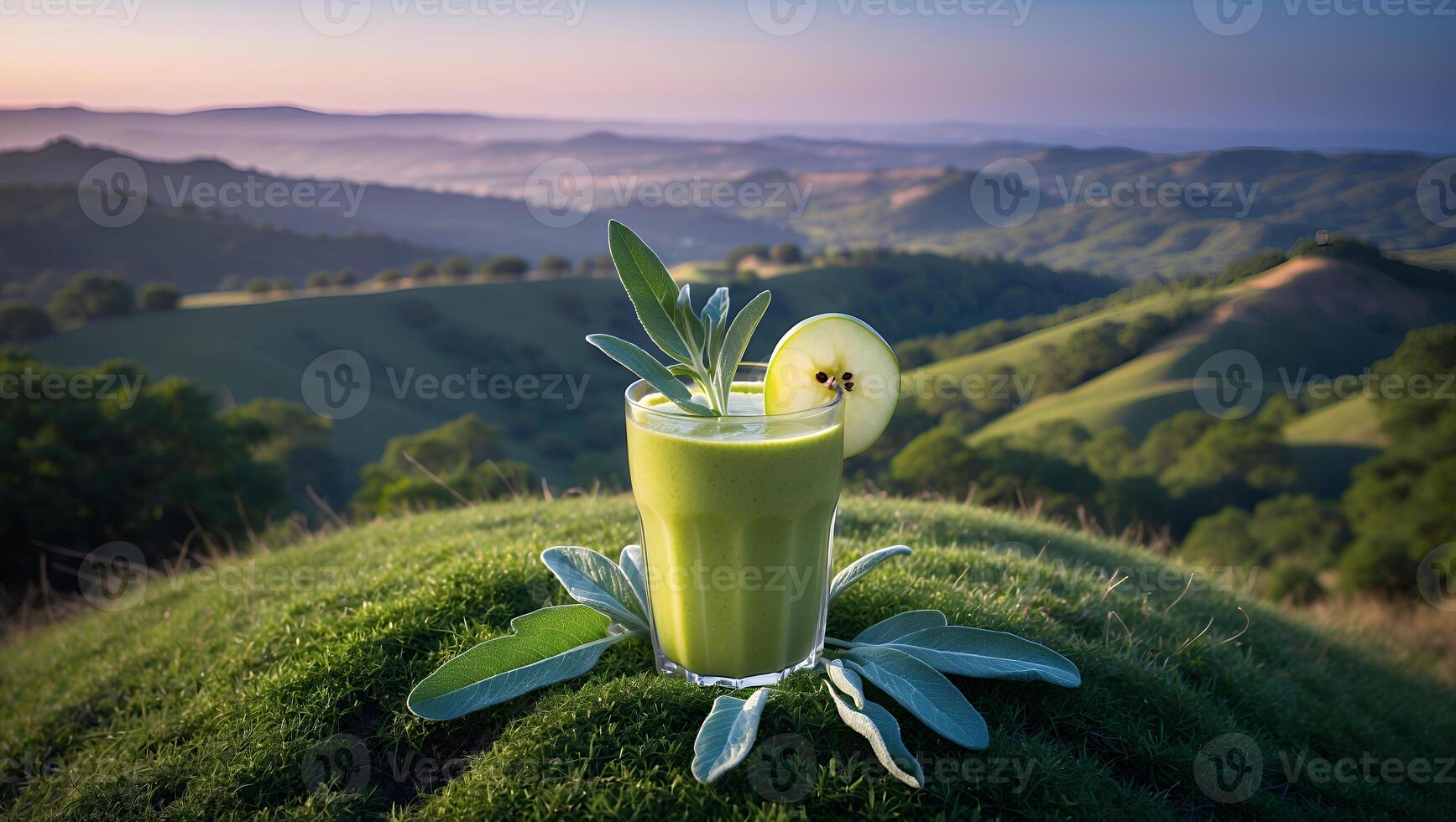 Green Smoothie with Apple Slice Over Scenic Hilly Landscape at Sunrise photo