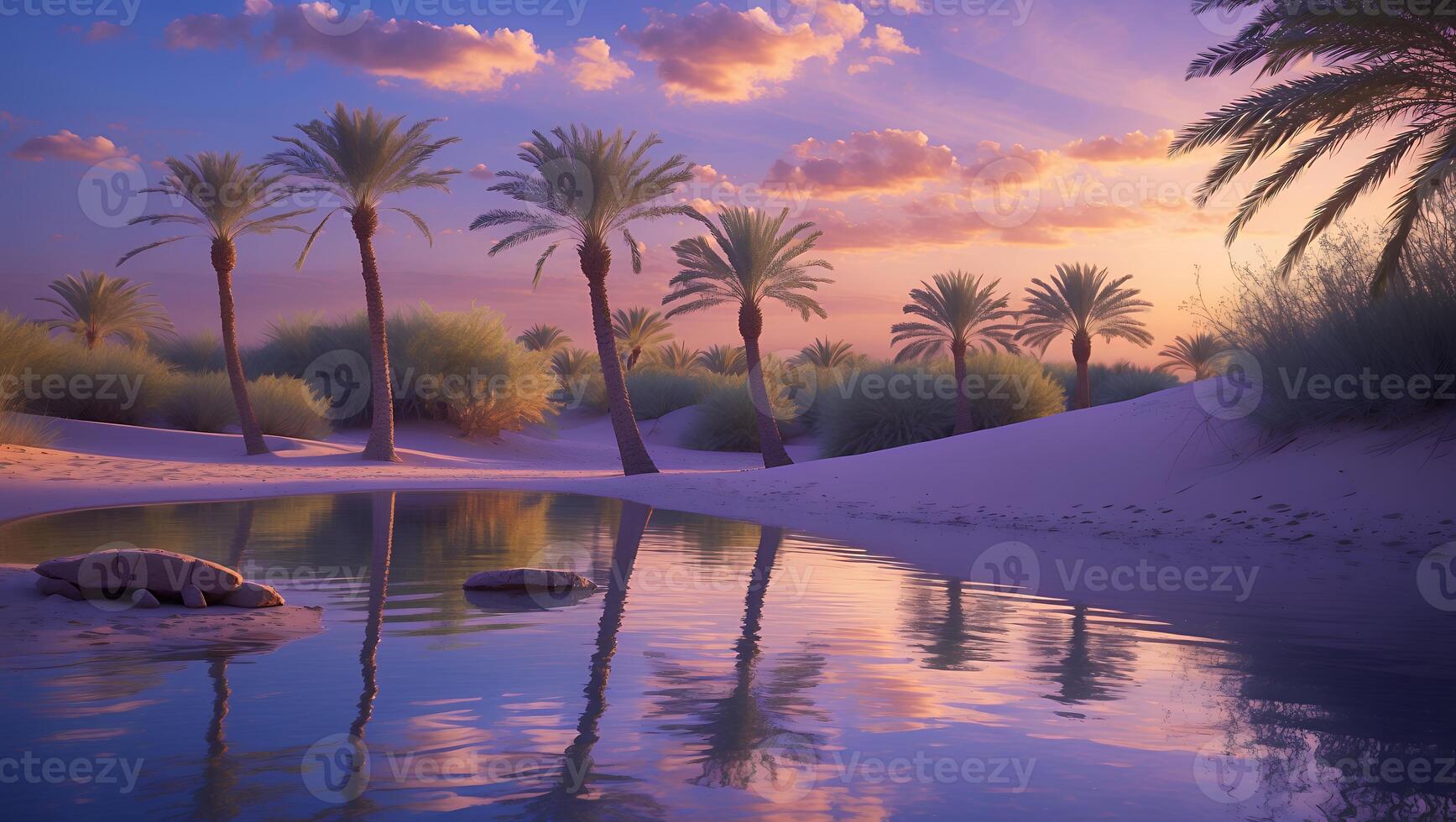 Palm Trees Reflecting in Desert Oasis Pond at Sunset photo