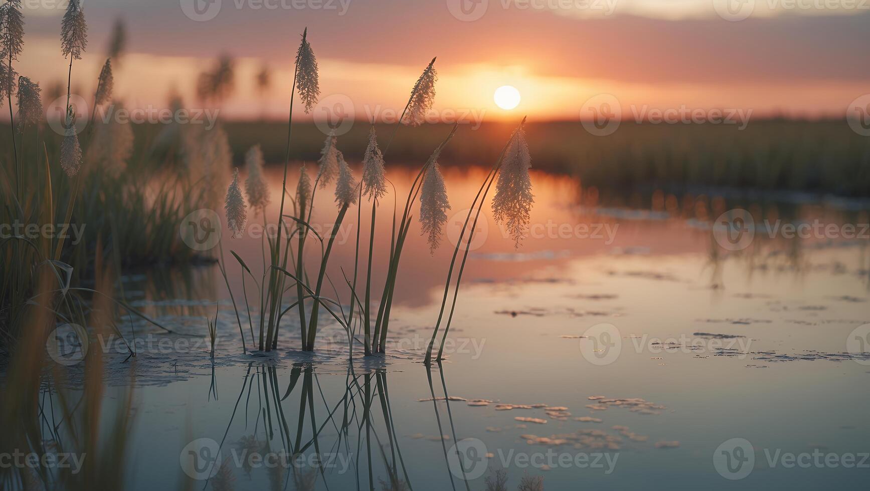 Marsh Grass Reflecting Sunset Colors in Calm Water at Golden Hour photo