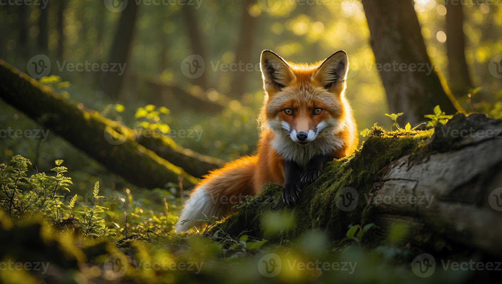 Fox Resting on Mossy Log in Forest with Sunlight Streaming Through photo