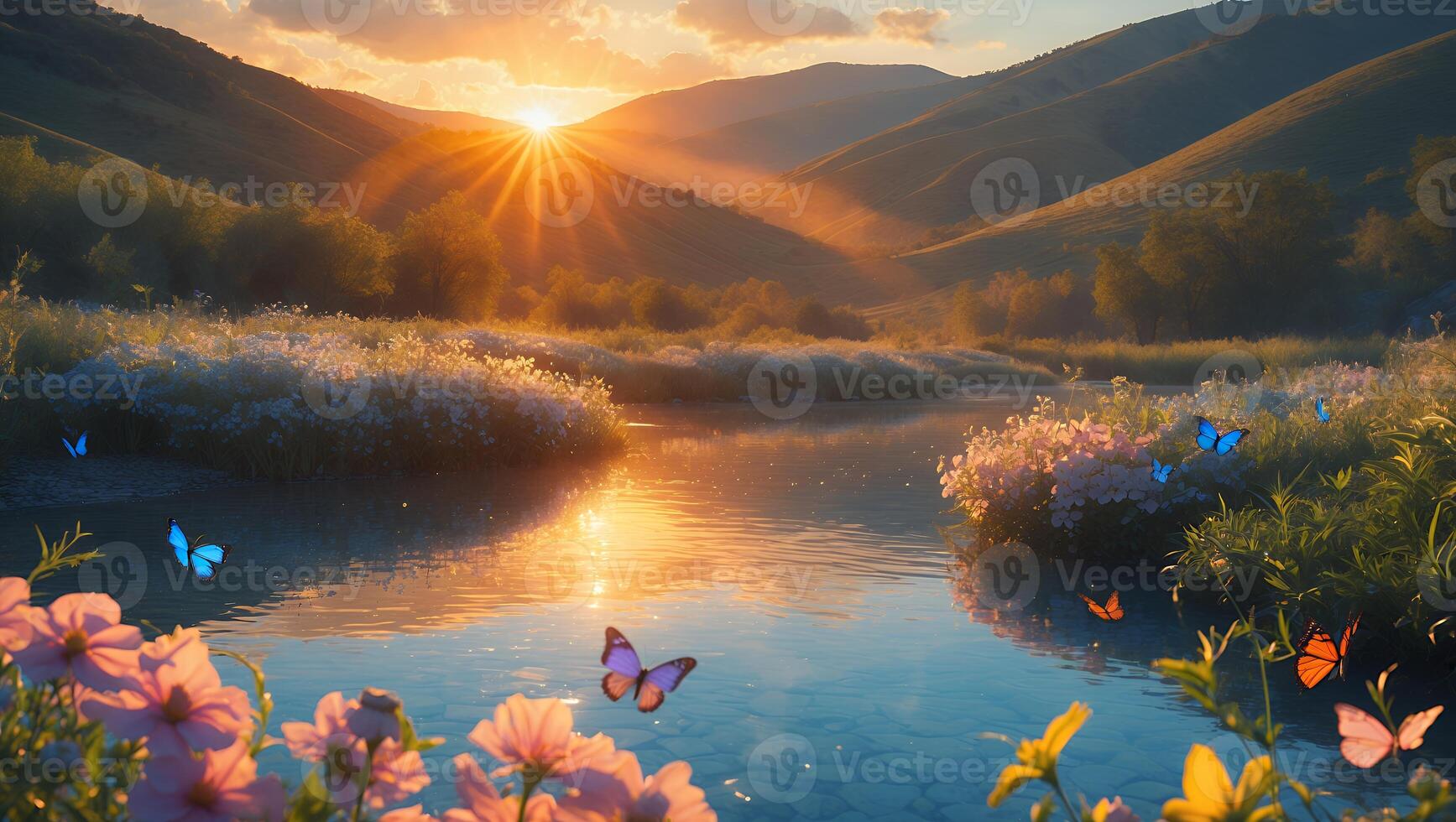 Flowing River at Sunset with Meadow Flowers and Colorful Butterflies photo