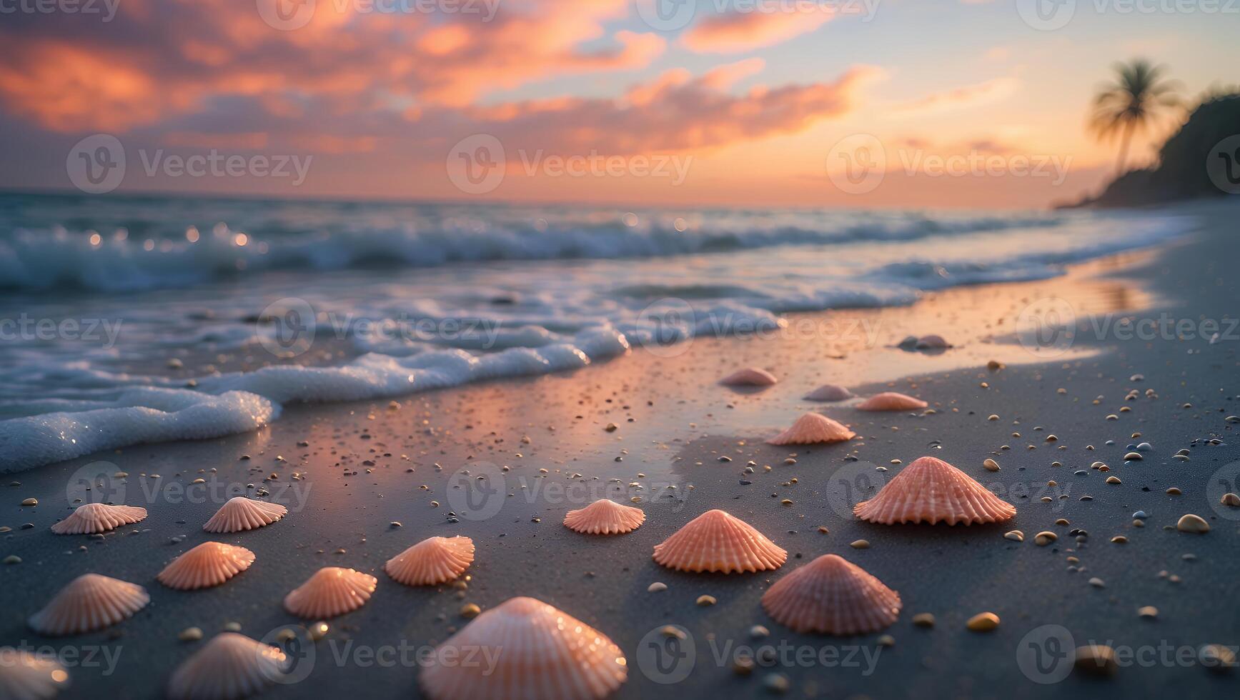 Seashells on Beach at Sunset with Ocean Waves and Colorful Sky photo
