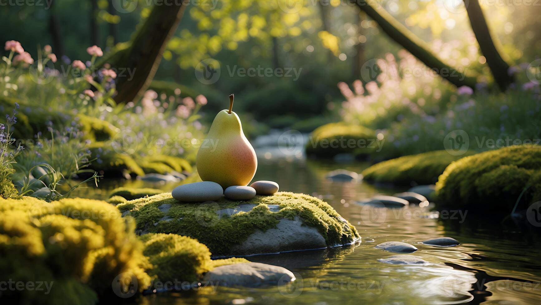 Pear Balancing on Stones in Peaceful River Setting with Moss photo