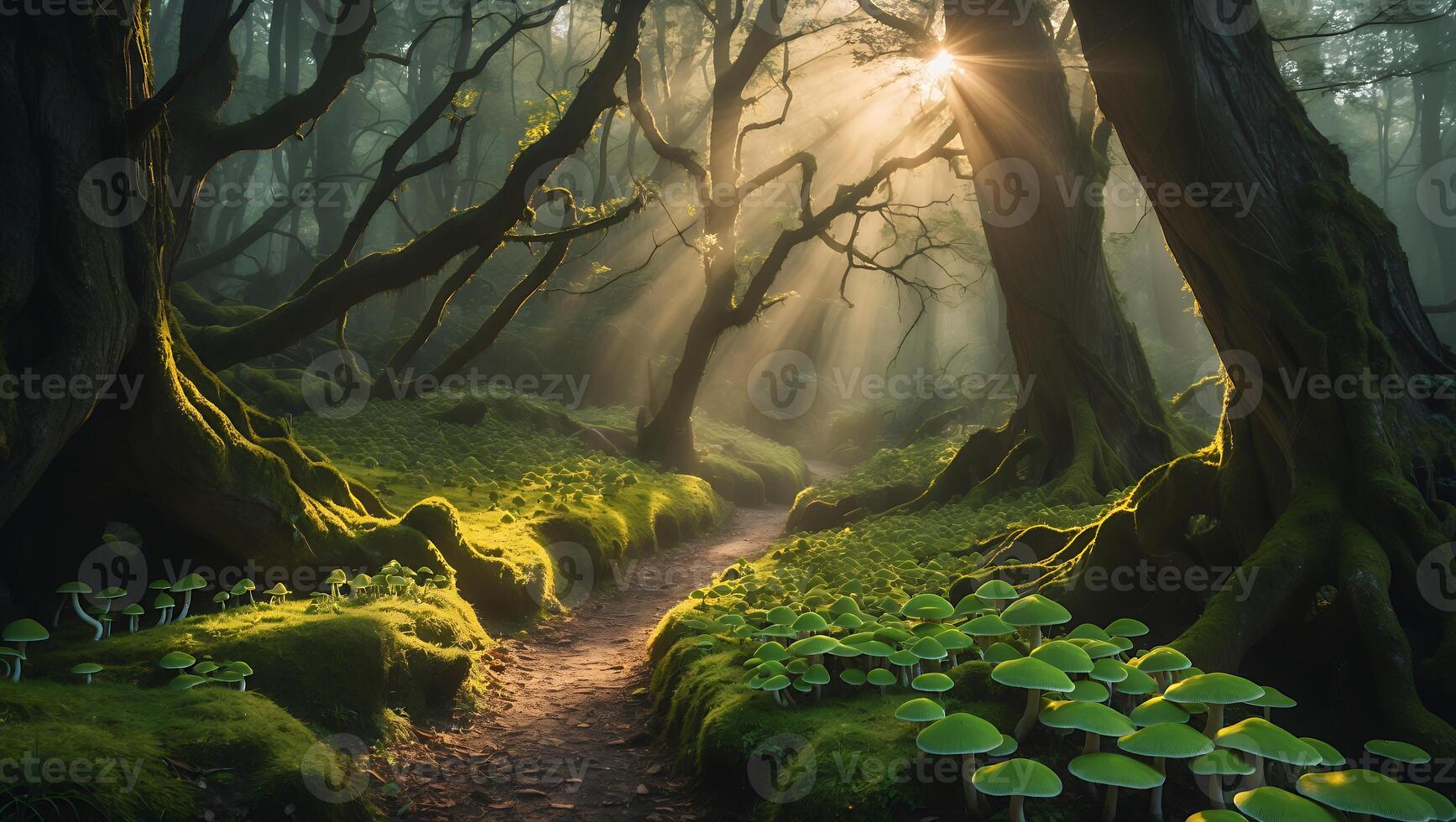 Walking Path Through Magical Forest with Moss and Sun Rays photo