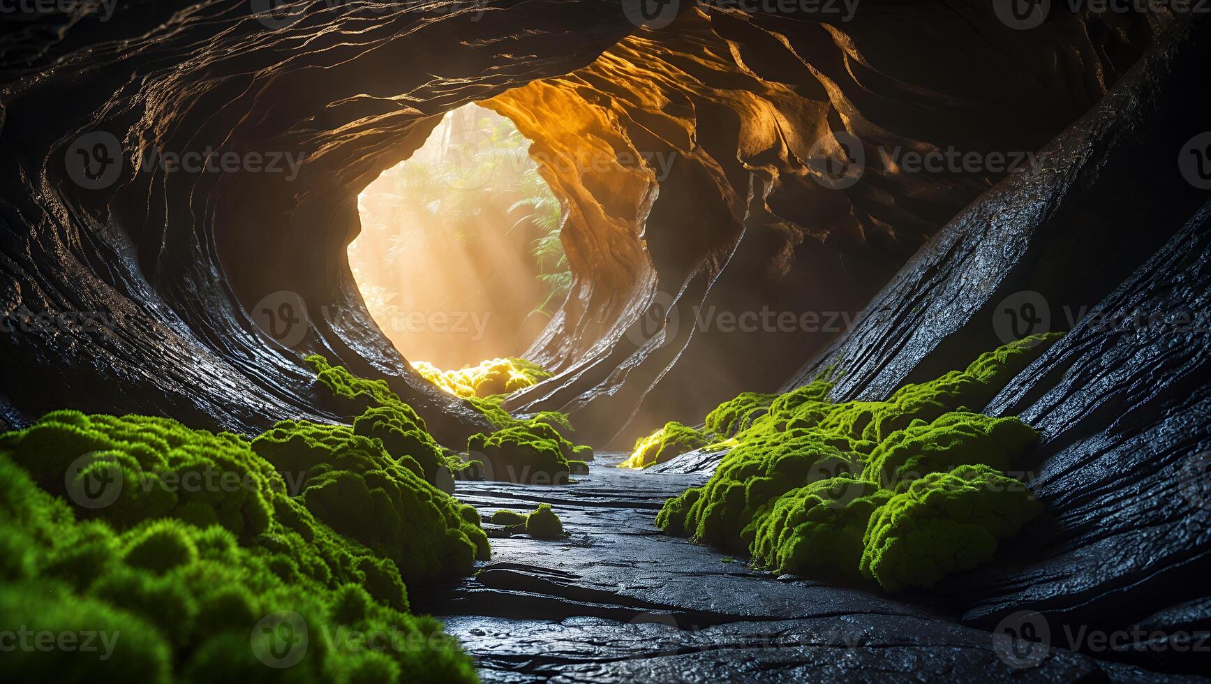 Entering Cave with Moss and Sunlit Opening Creates Mystical Atmosphere photo