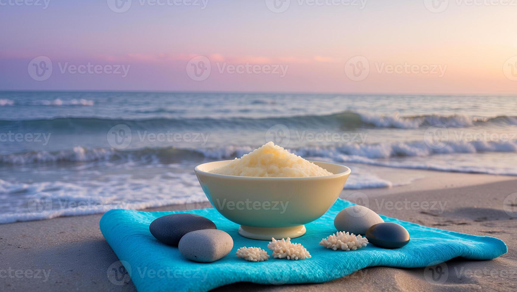 Bowl of Rice on Beach Towel with Ocean Waves at Sunset photo