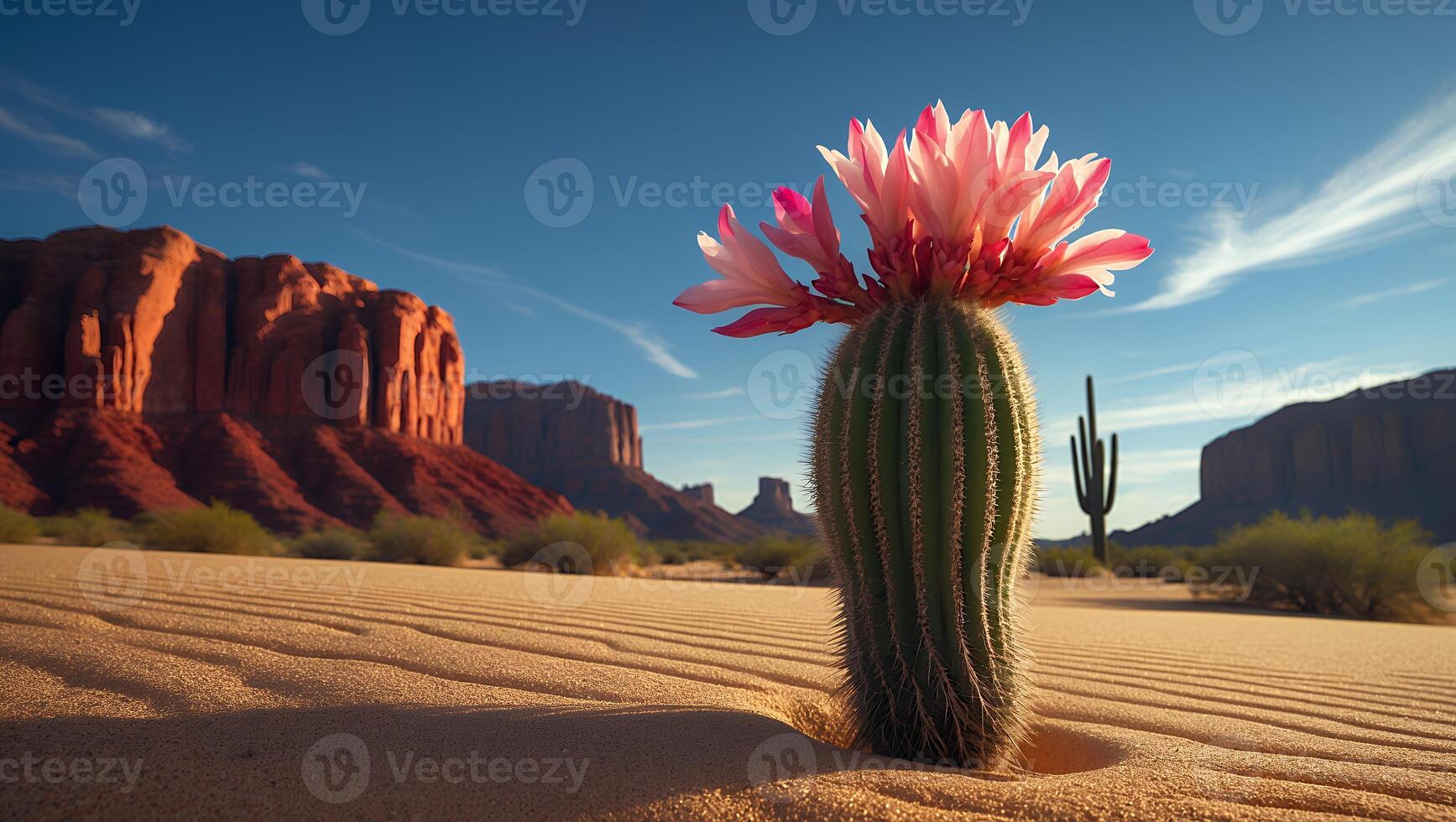 Flowering Cactus in Desert Landscape with Blue Sky and Sand photo