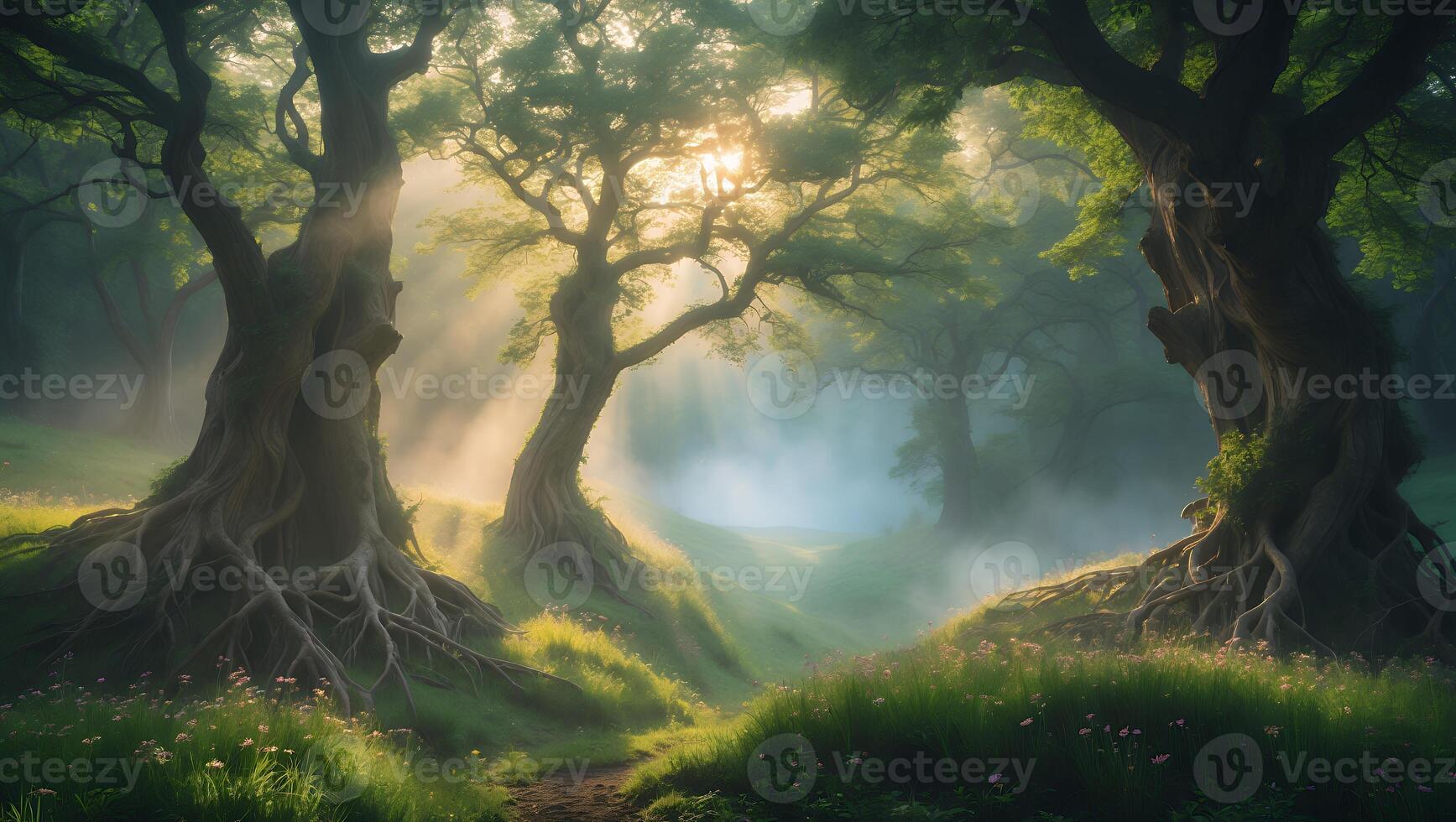 Walking Path Through Mysterious Forest with Fog and Sunlight Streaming photo