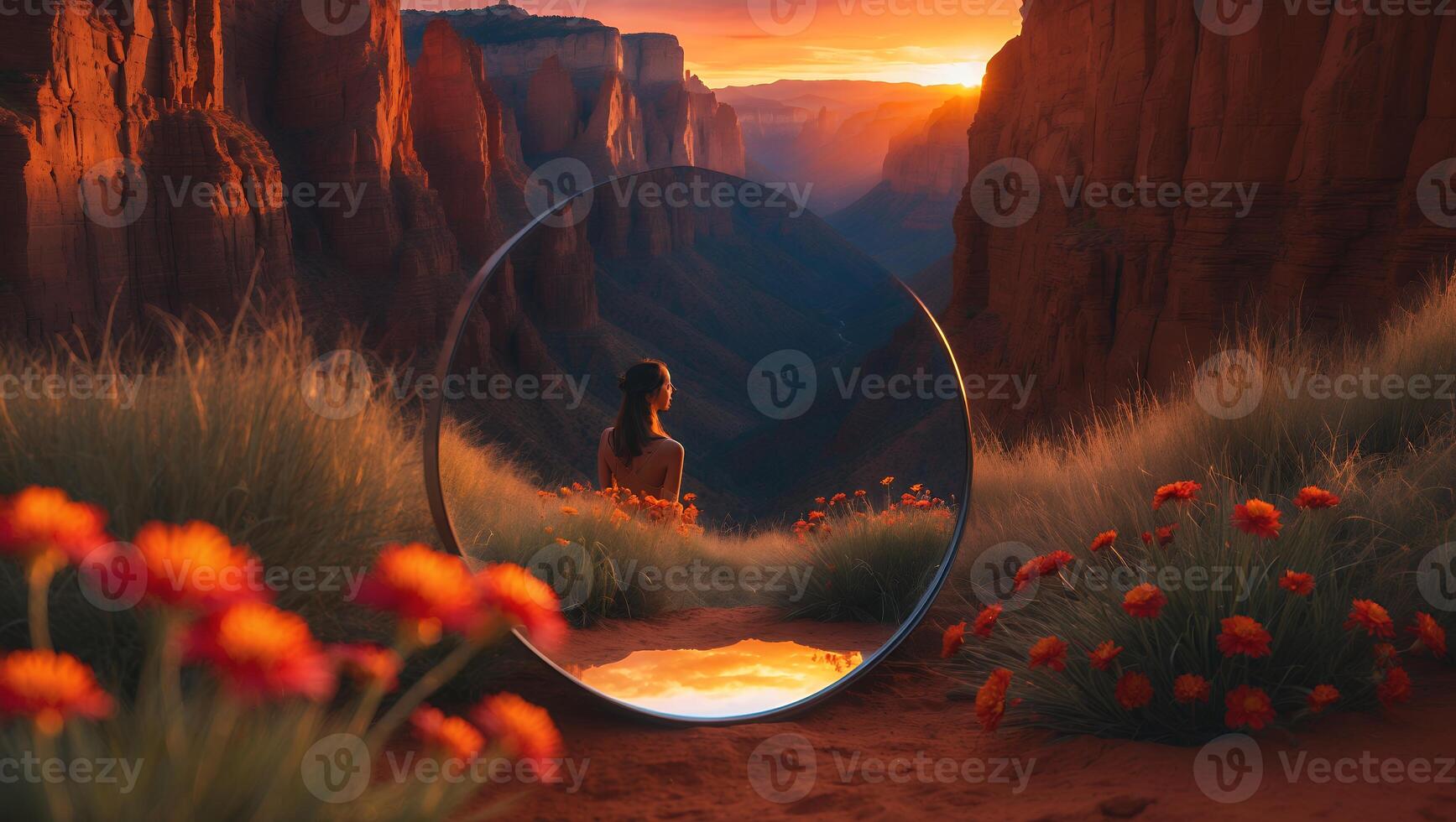 Woman Gazing at Desert Canyon Reflection in Mirror at Sunset photo